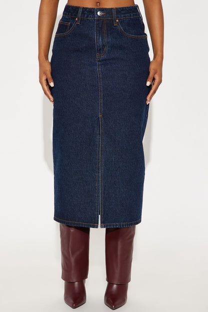 Amanza Rinse Wash Denim Midi Skirt - Rinse Blue Wash