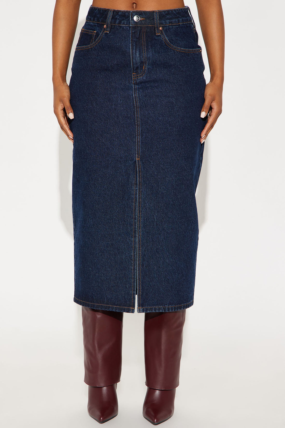 Amanza Rinse Wash Denim Midi Skirt - Rinse Blue Wash