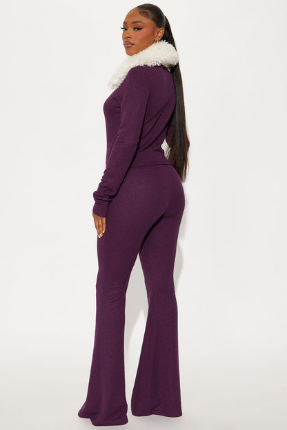Daphne Faux Fur Trim Pant Set - Plum