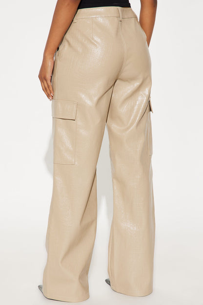 No Competition Here Faux Leather Wide Leg Croc Pant 33 - Bone