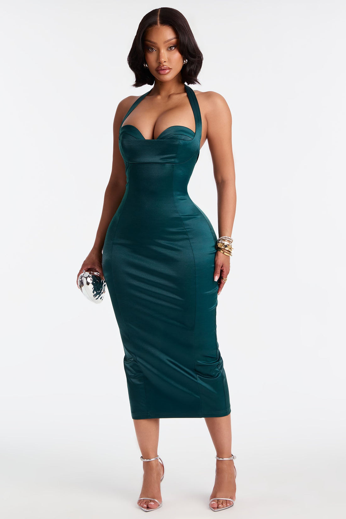 Tyra Halter Satin Midi Dress - Hunter Green