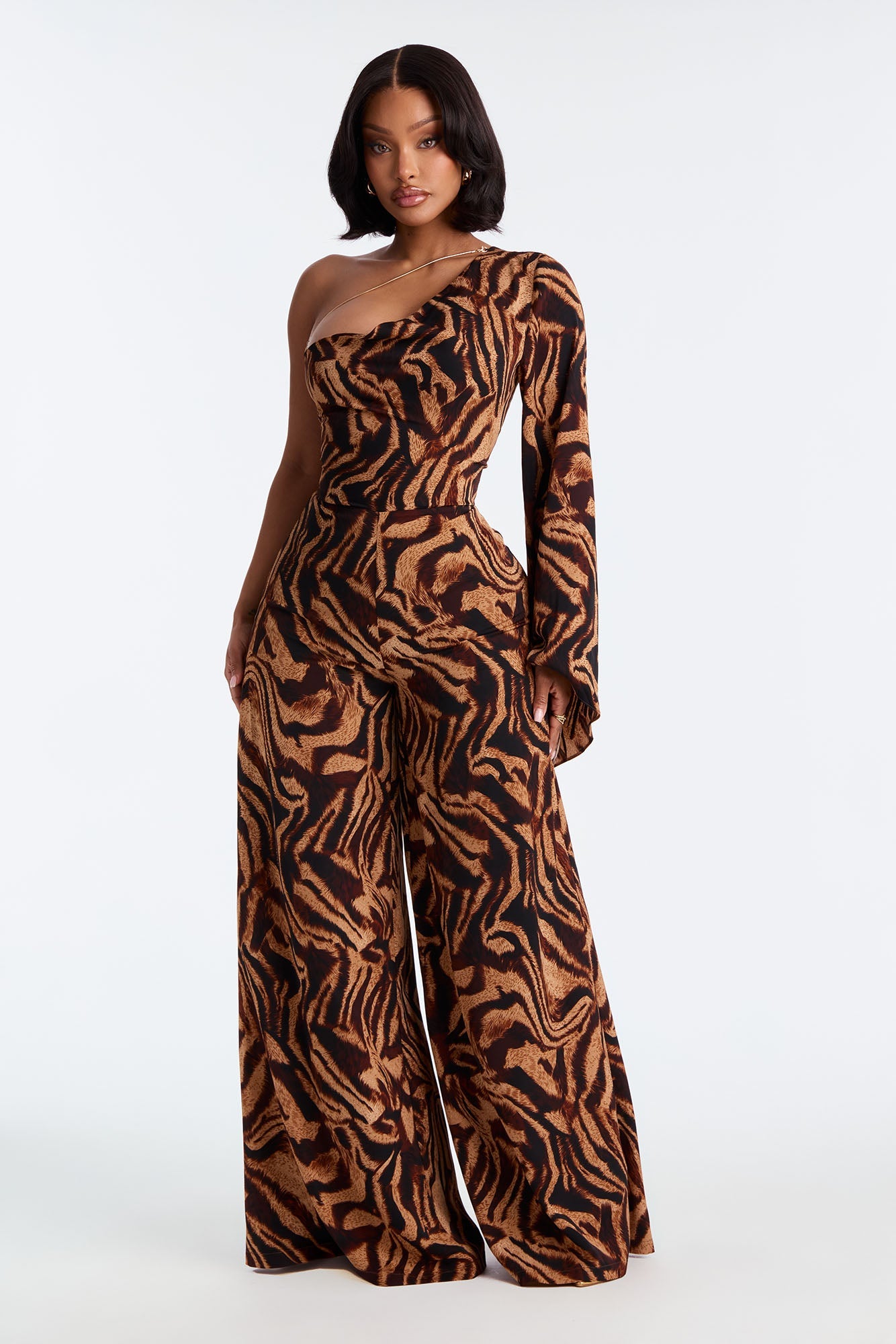 Tori Zebra One Shoulder Jumpsuit - Brown/combo