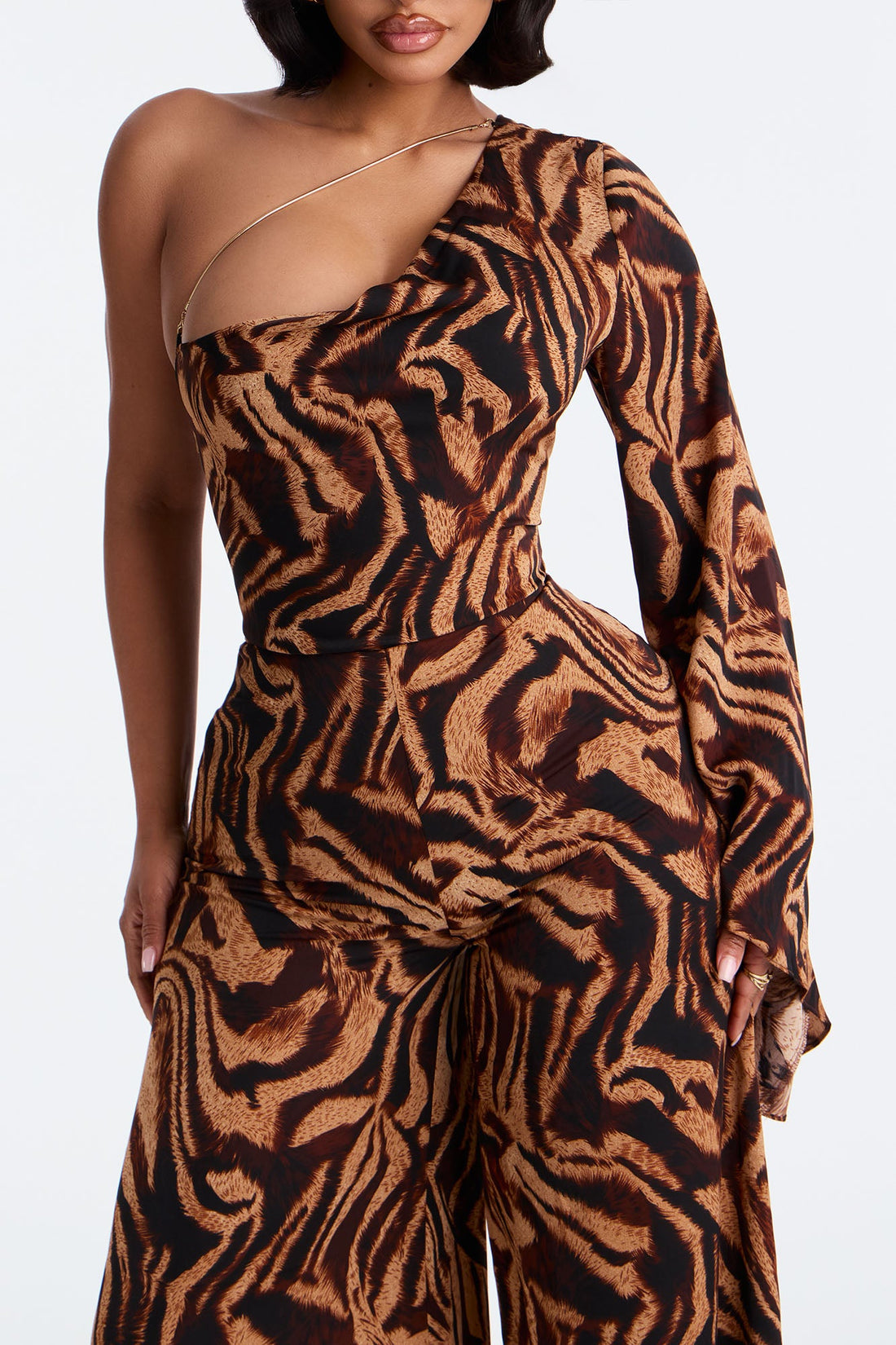 Tori Zebra One Shoulder Jumpsuit - Brown/combo