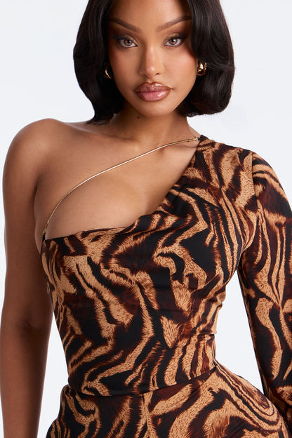 Tori Zebra One Shoulder Jumpsuit - Brown/combo