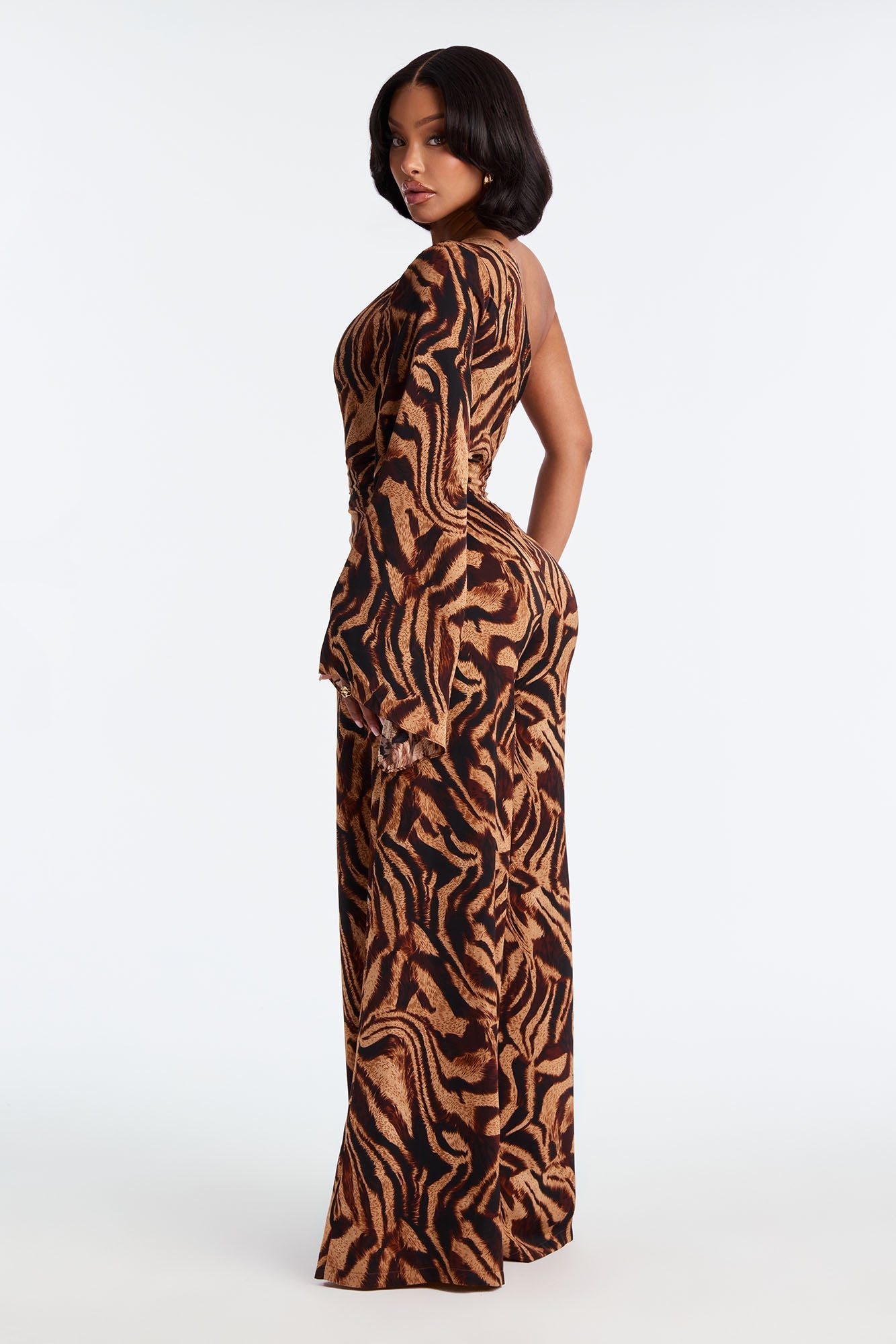 Tori Zebra One Shoulder Jumpsuit - Brown/combo
