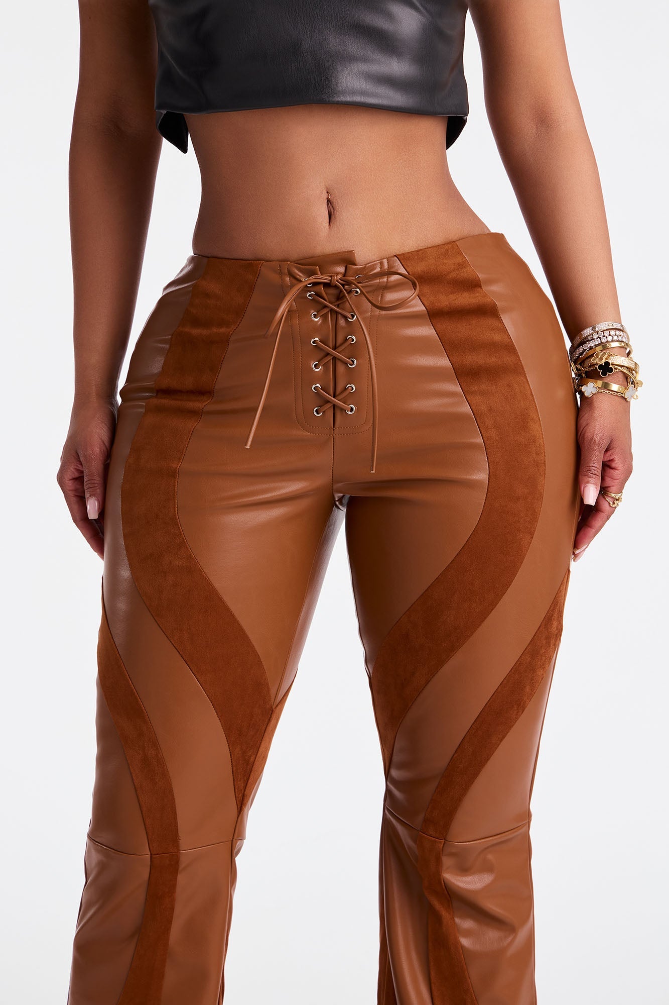 Cause A Riot Faux Leather Flare Pant 32″ - Brown