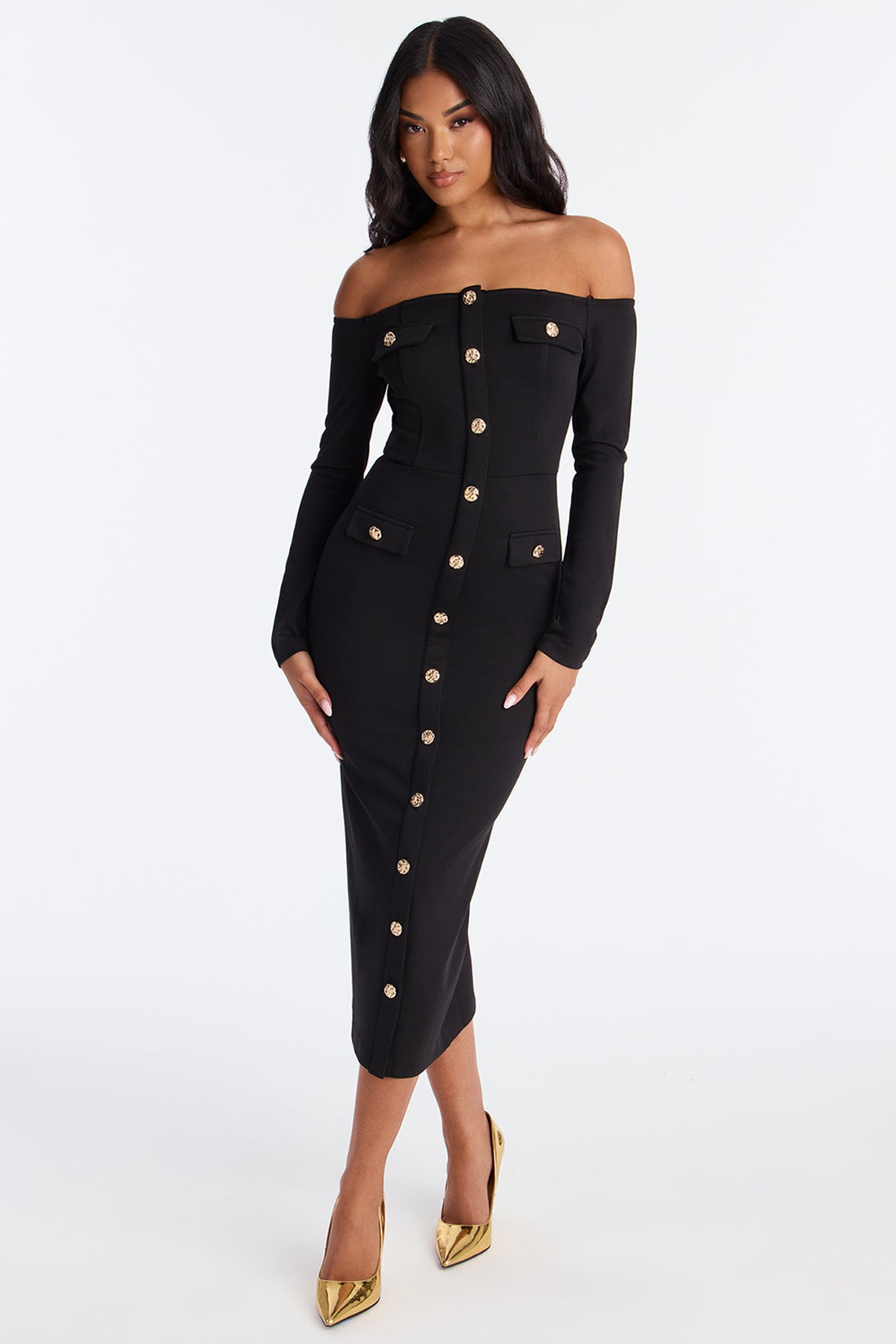 Goldie Off Shoulder Midi Dress - Black