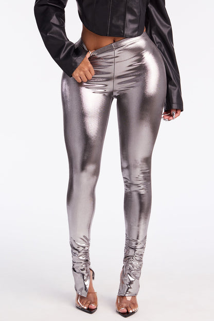 Ayla High Rise Metallic Stacked Legging - Silver