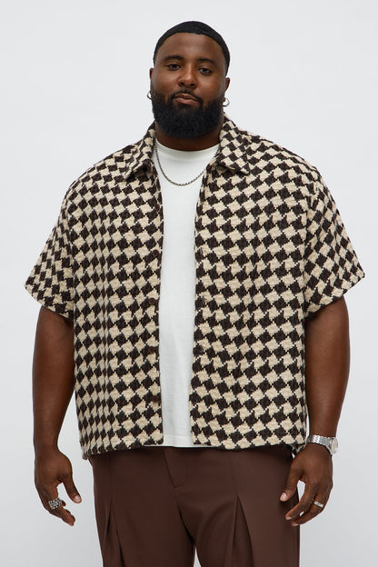 Boxy Cropped Mosaic Button Up Shirt - Brown
