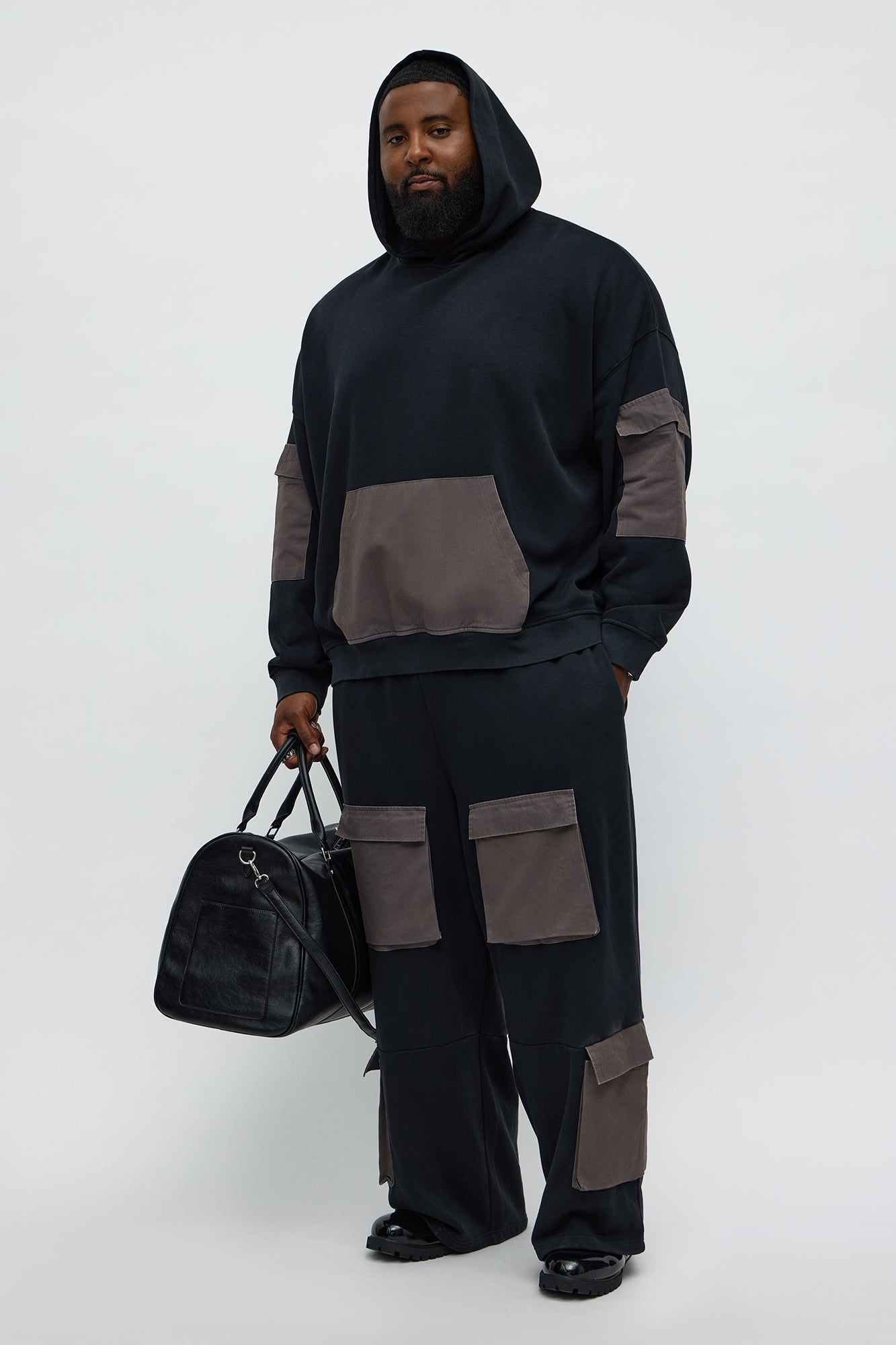 Oversized Twill Cargo Hoodie - Black/combo