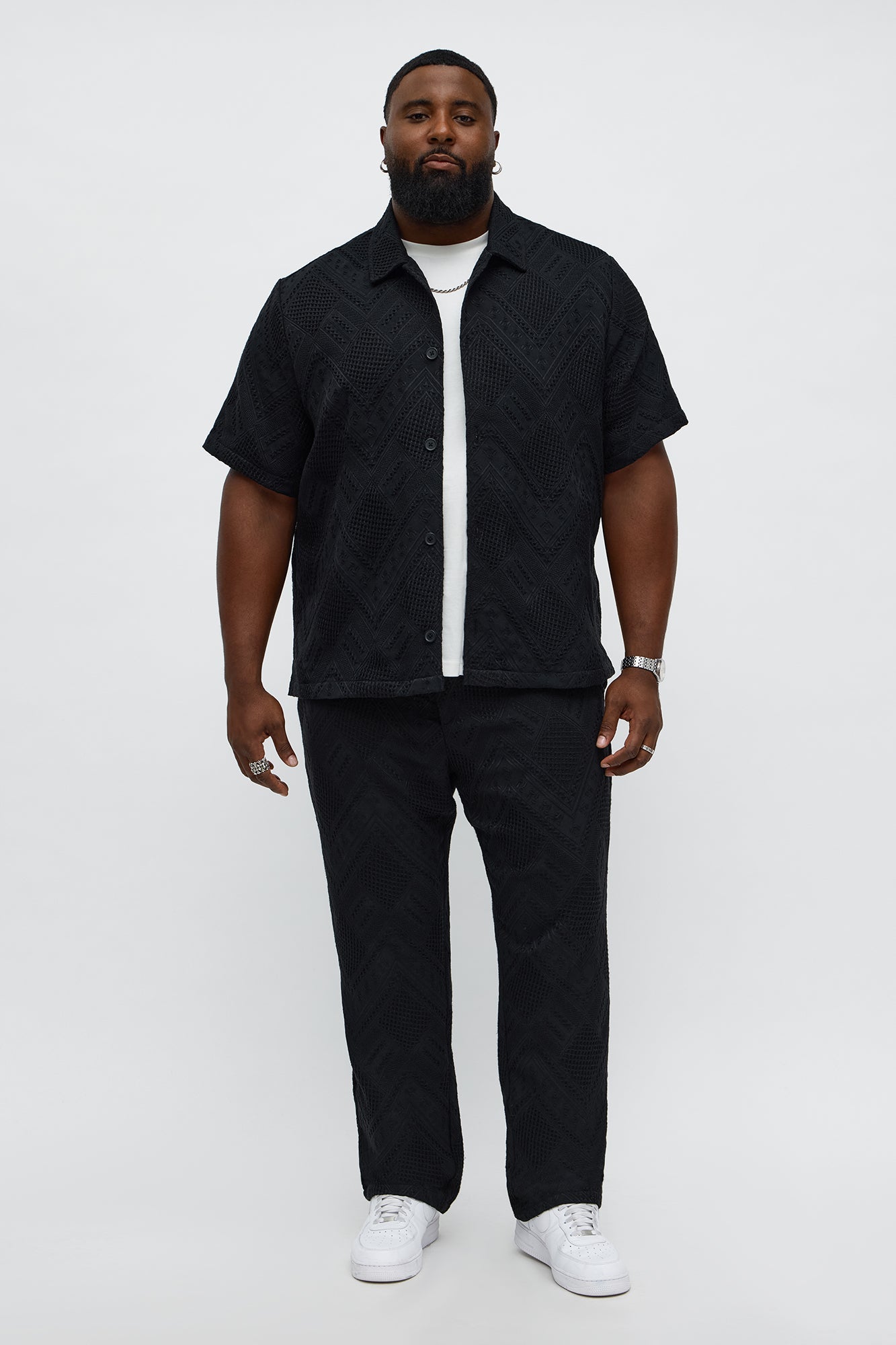Twist Weave Textured Button Up Shirt - Black