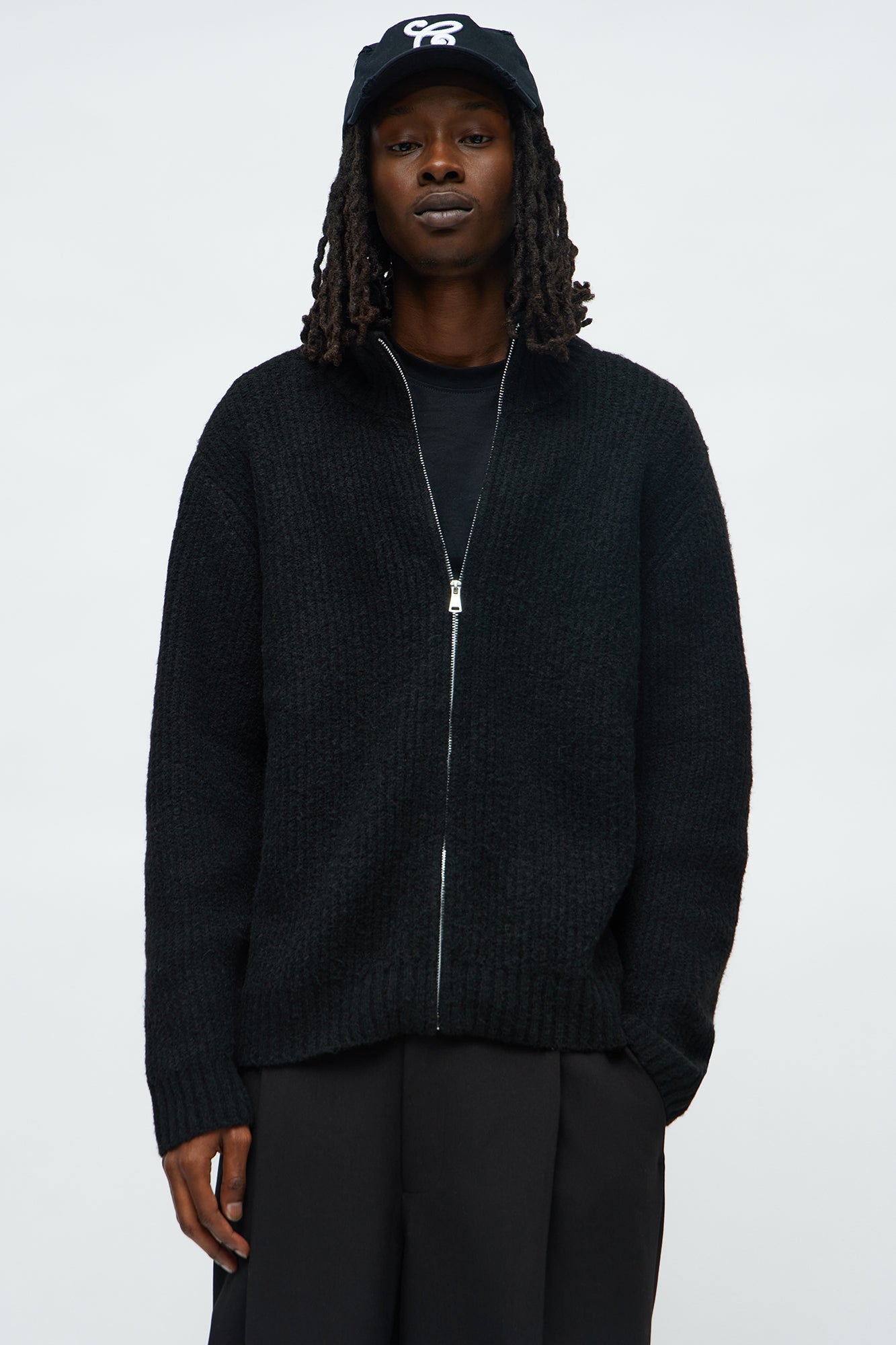 Oversized Willow Ribbed Zip Up Sweater - Black