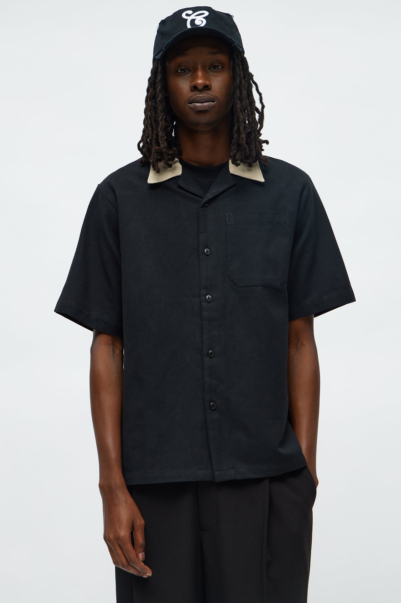Panel Trim Button Up Shirt - Black