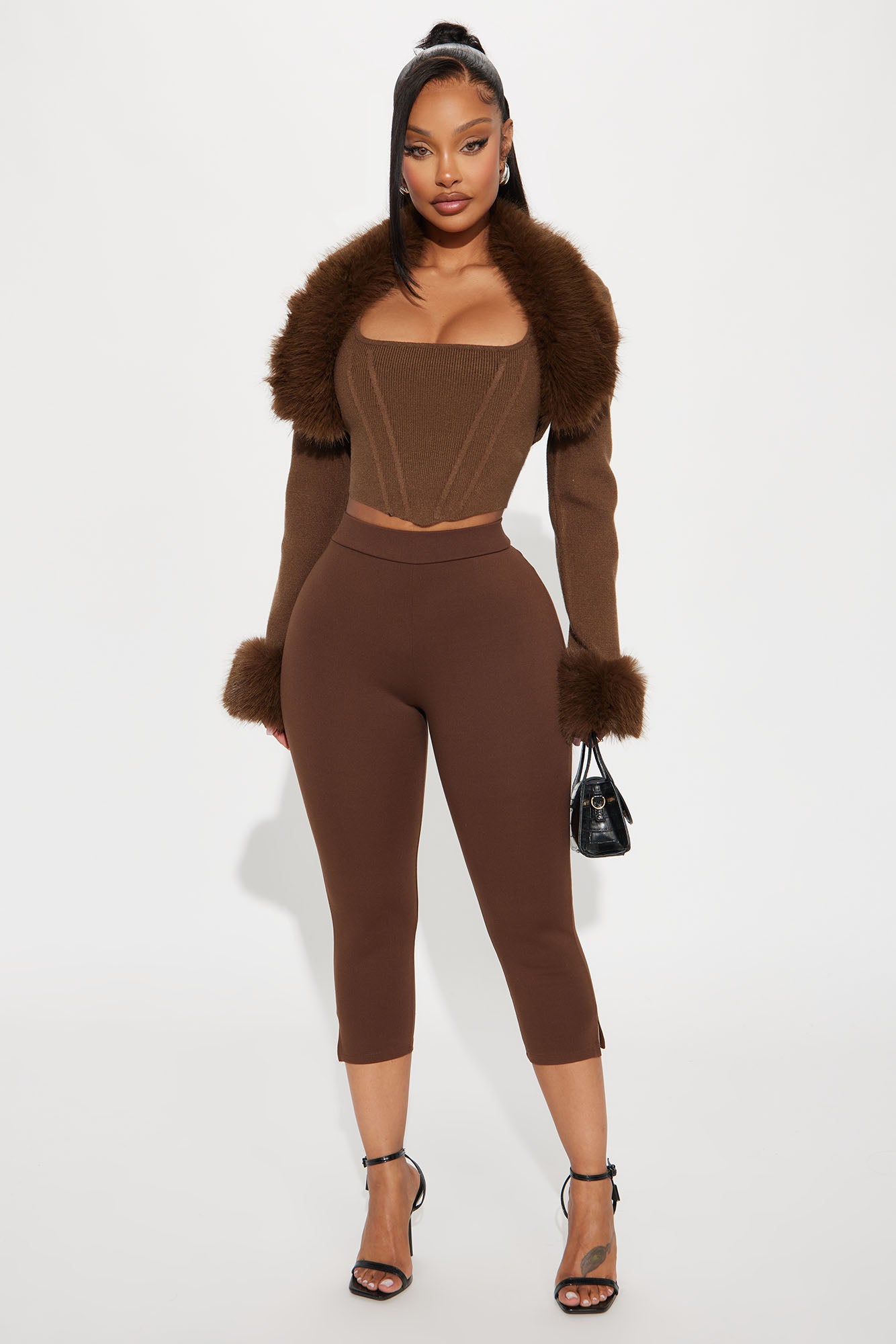 Sara Faux Fur 2 Piece Sweater Top - Chocolate