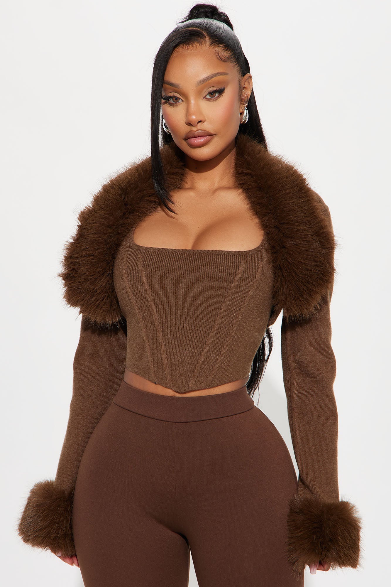 Sara Faux Fur 2 Piece Sweater Top - Chocolate