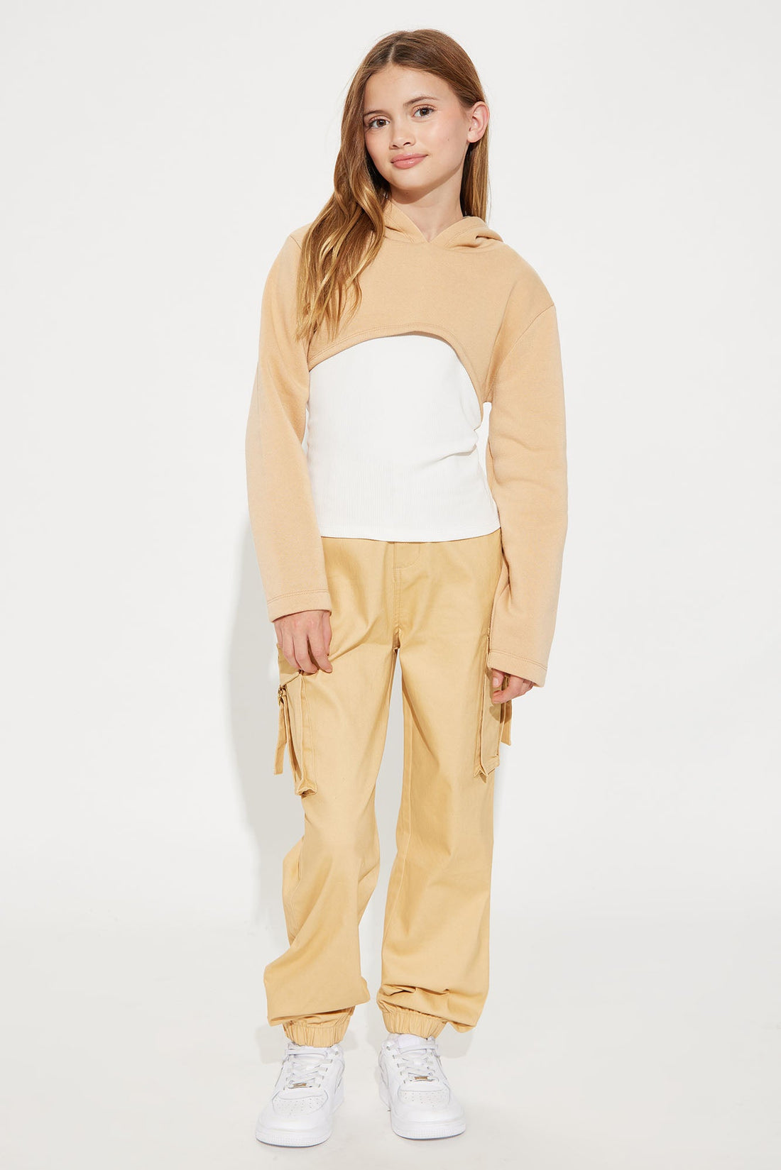 Mini Camila Hooded Long Sleeve Two-Fer Top - Khaki/combo