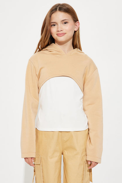 Mini Camila Hooded Long Sleeve Two-Fer Top - Khaki/combo
