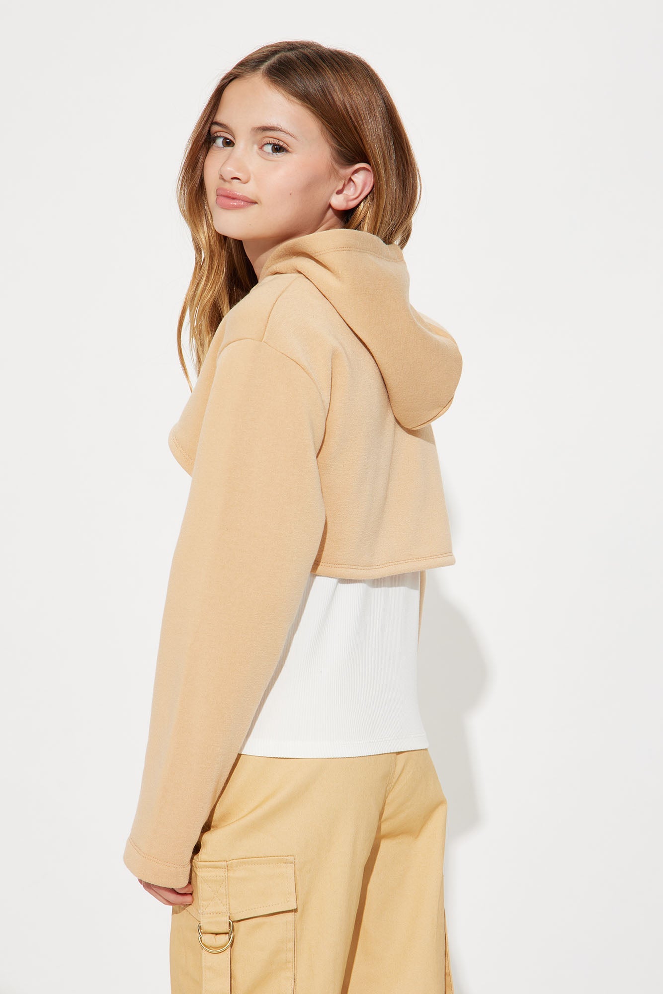 Mini Camila Hooded Long Sleeve Two-Fer Top - Khaki/combo