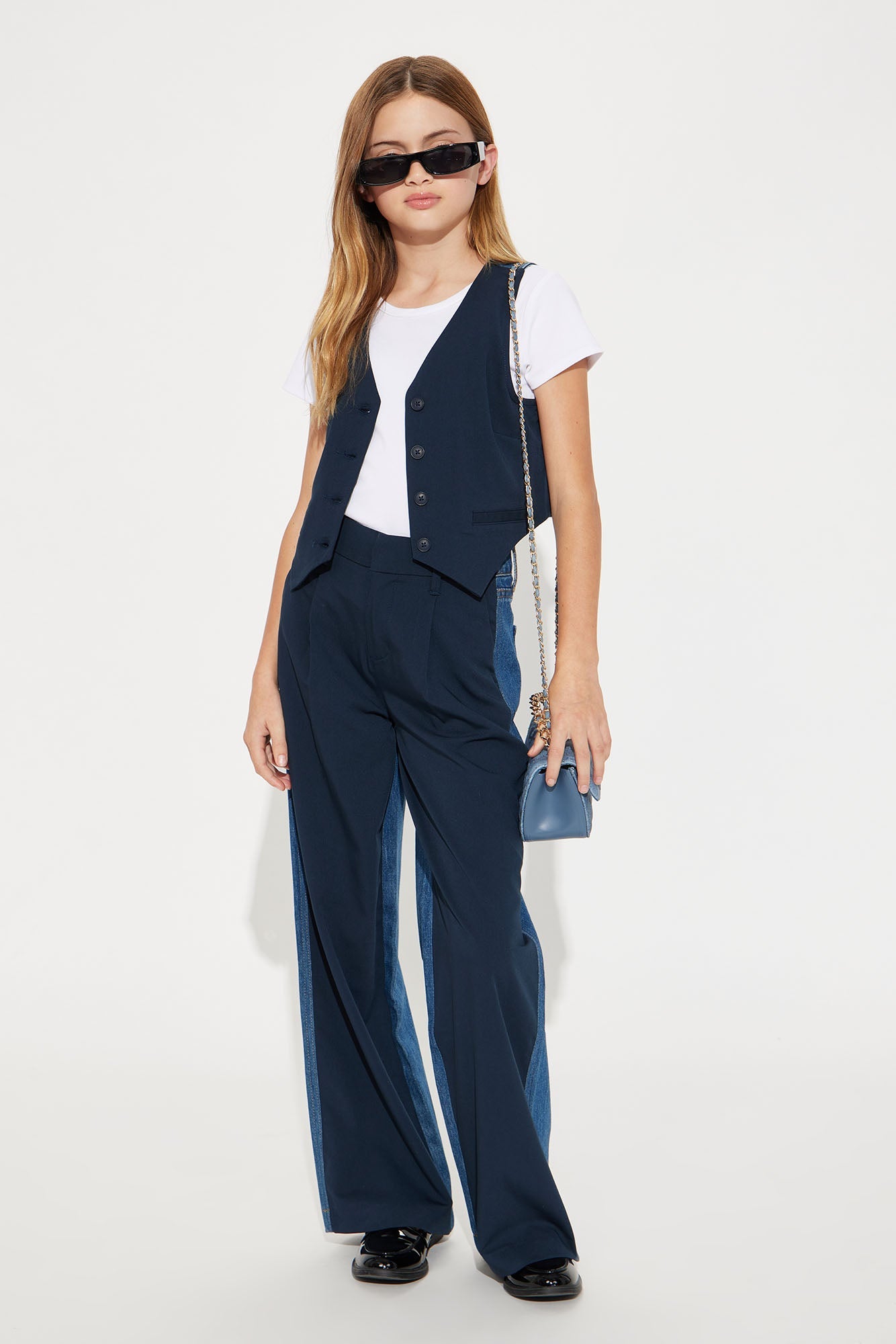 Mini Sasha Denim Mix Pant Set - Medium Wash