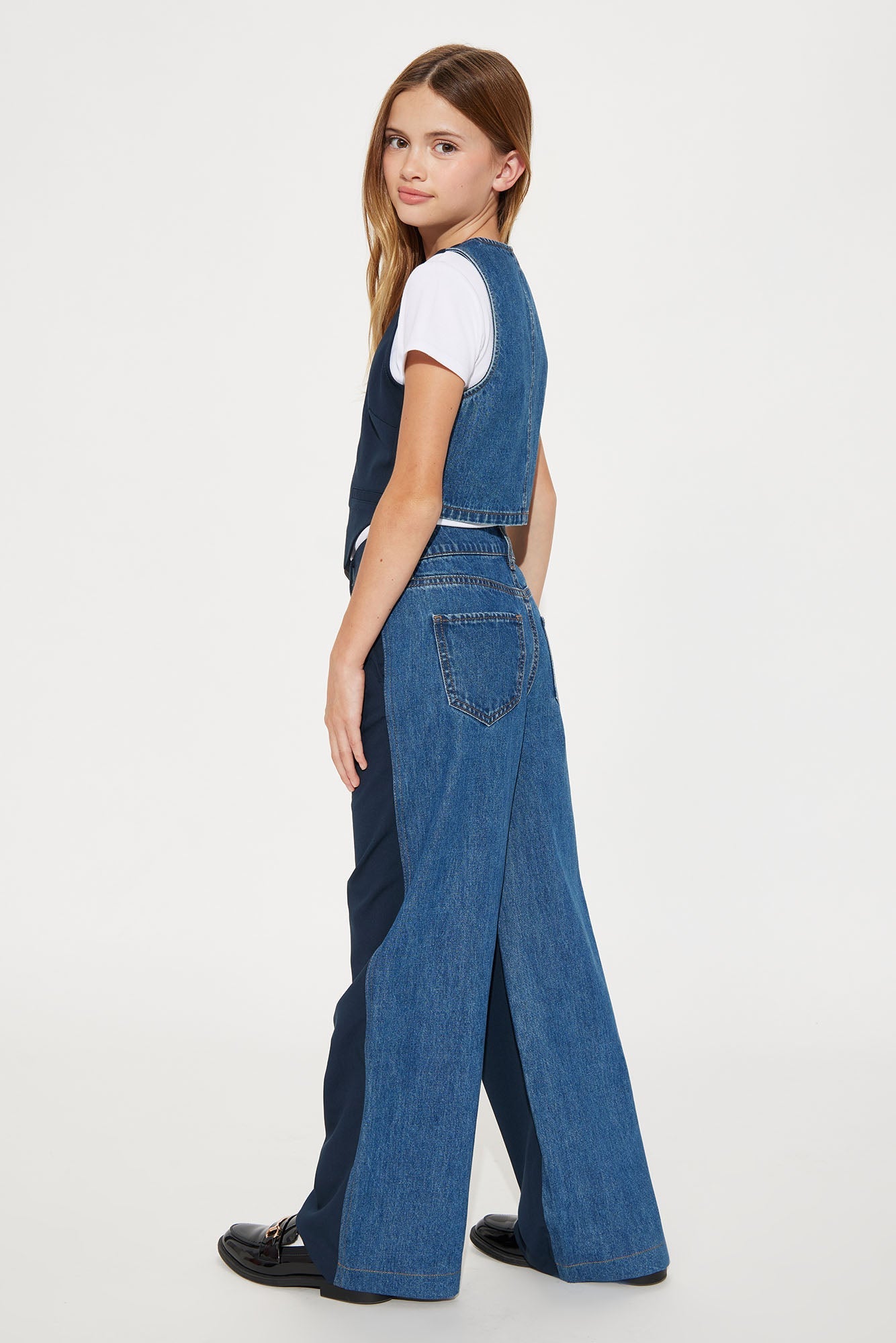 Mini Sasha Denim Mix Pant Set - Medium Wash