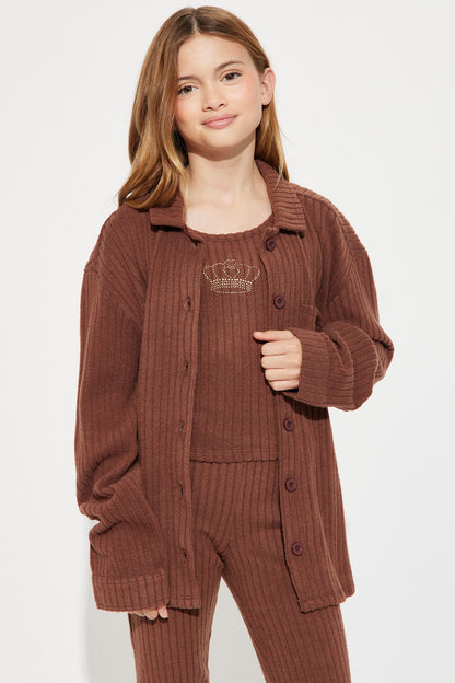 Mini Shut Down The Block Shacket Pant Set - Chestnut