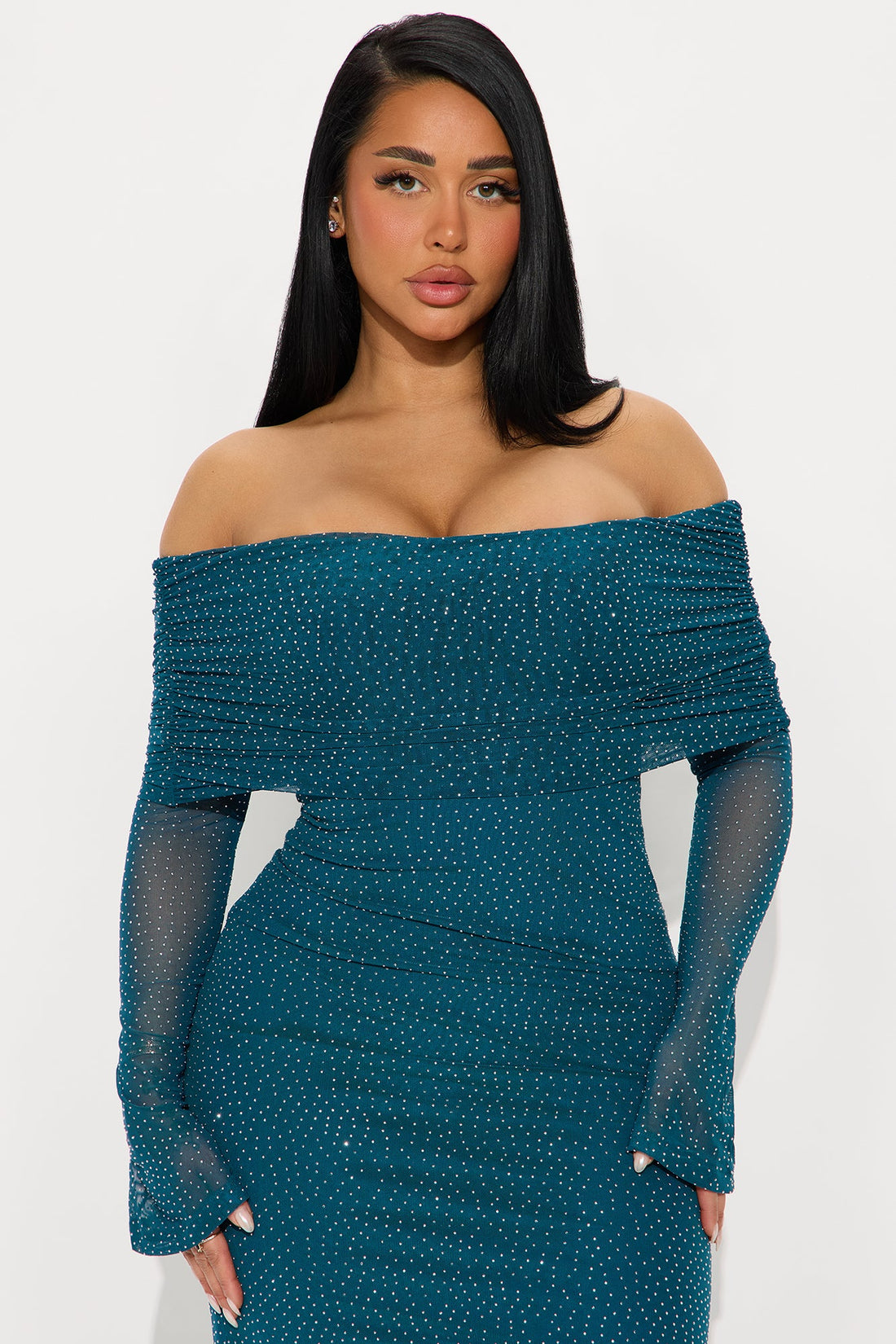 In The Spotlight Rhinestone Mesh Gown - Teal