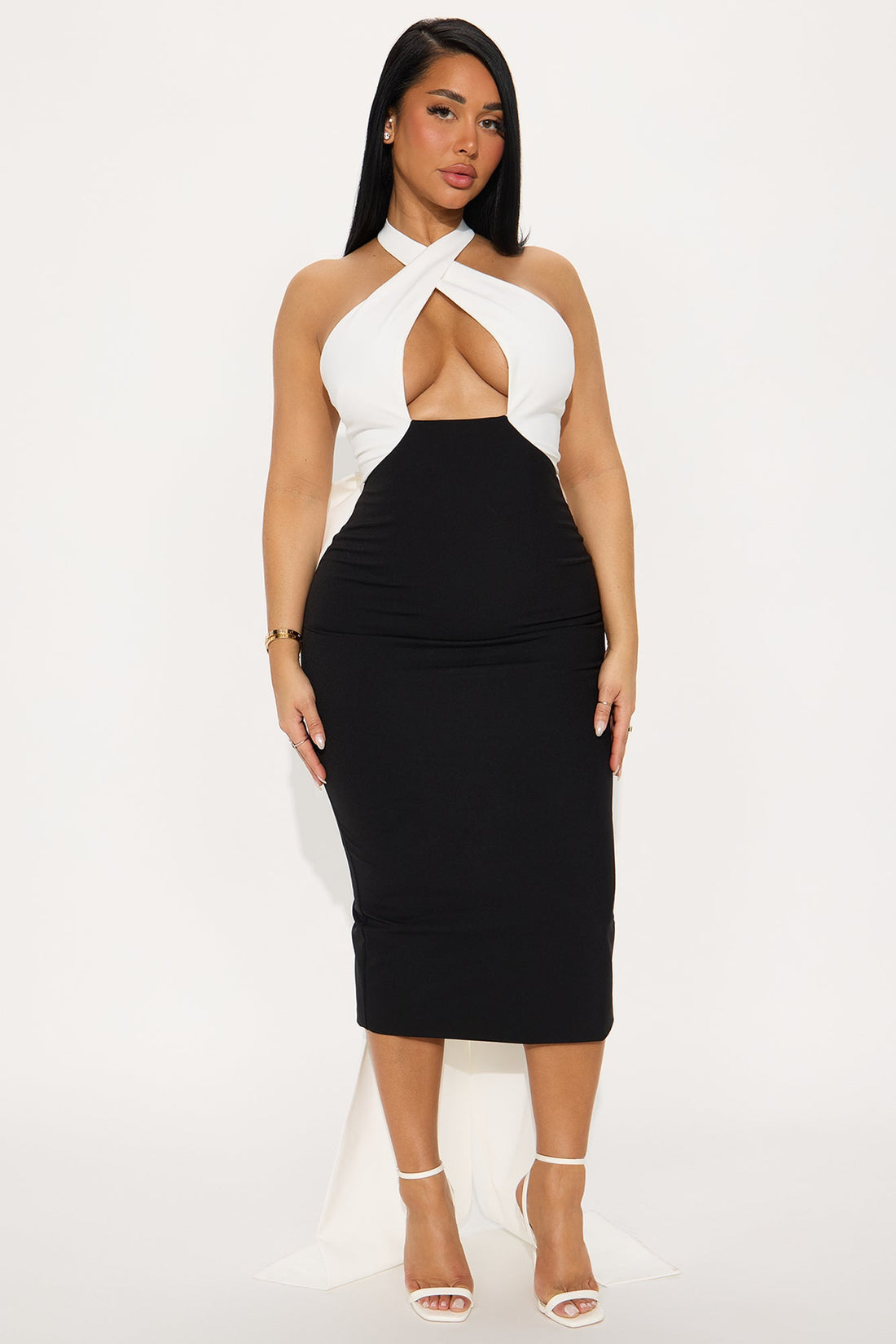 Valeria Detachable Bow Midi Dress - Black/White