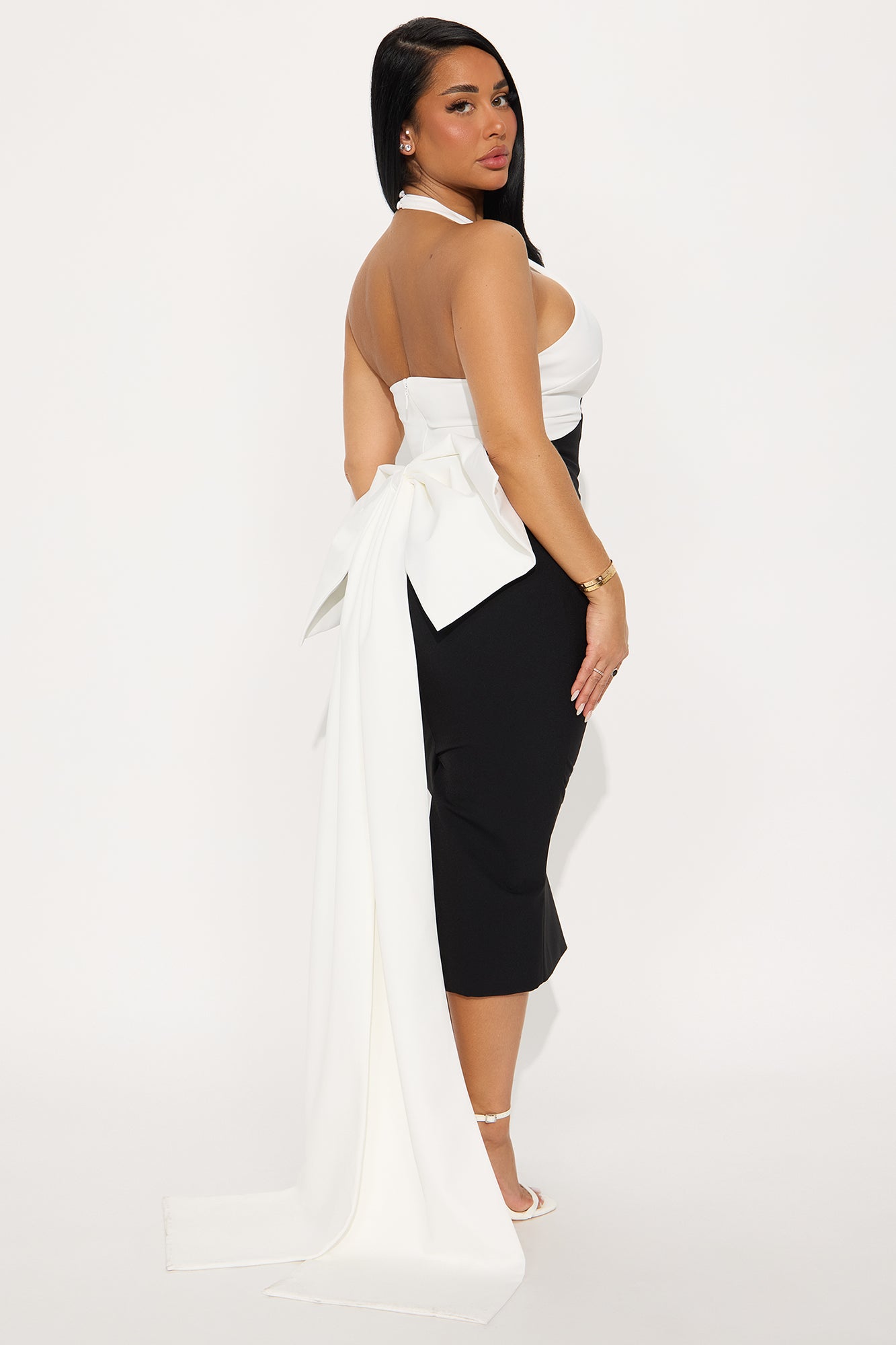 Valeria Detachable Bow Midi Dress - Black/White