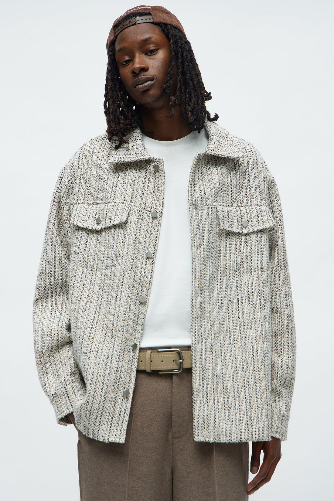 Tweed Button Shacket - Cream/combo