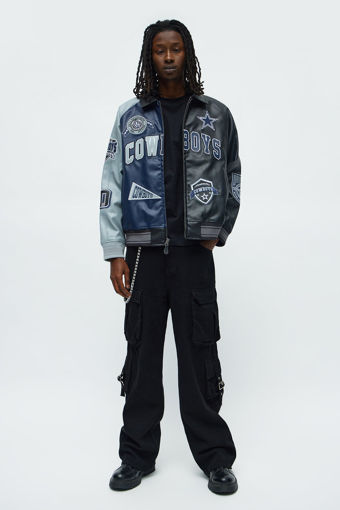 Cowboys Marquee Star Faux Patent Leather Long Sleeve Varsity Jacket - Navy