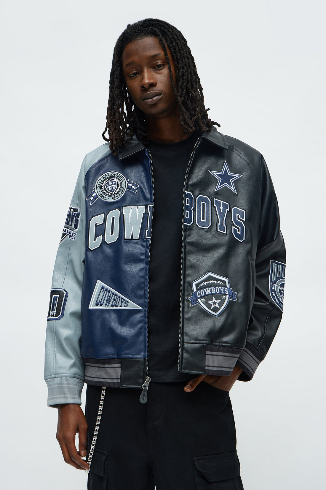 Cowboys Marquee Star Faux Patent Leather Long Sleeve Varsity Jacket - Navy