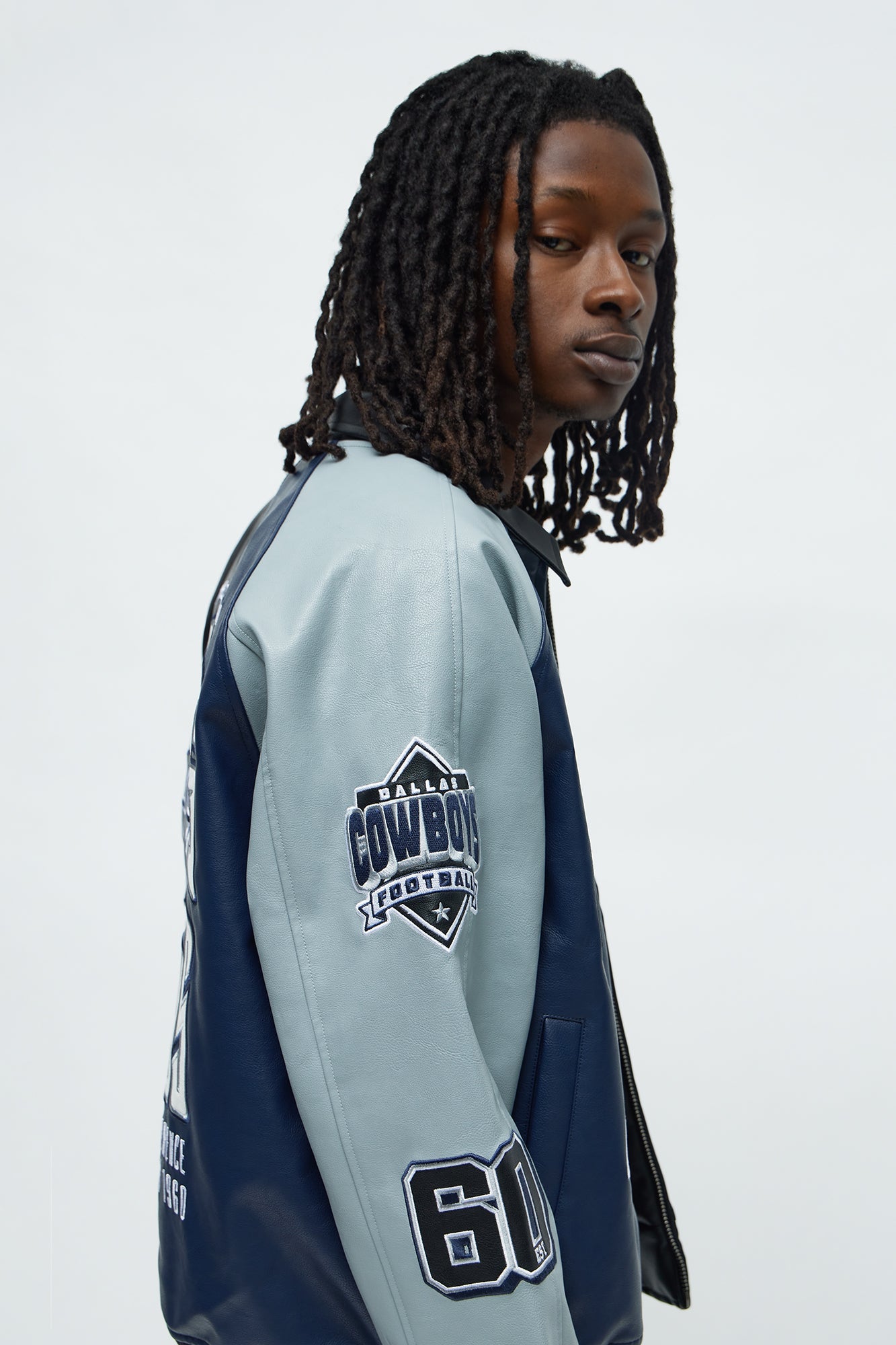 Cowboys Marquee Star Faux Patent Leather Long Sleeve Varsity Jacket - Navy
