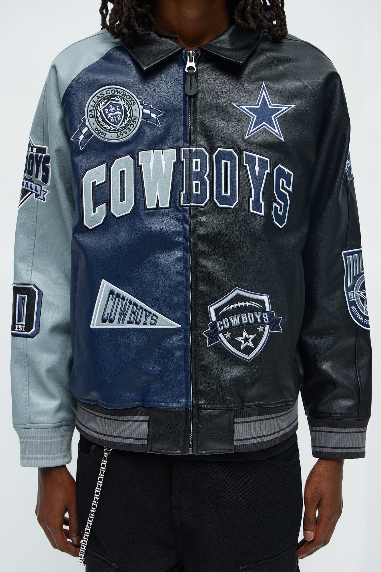 Cowboys Marquee Star Faux Patent Leather Long Sleeve Varsity Jacket - Navy