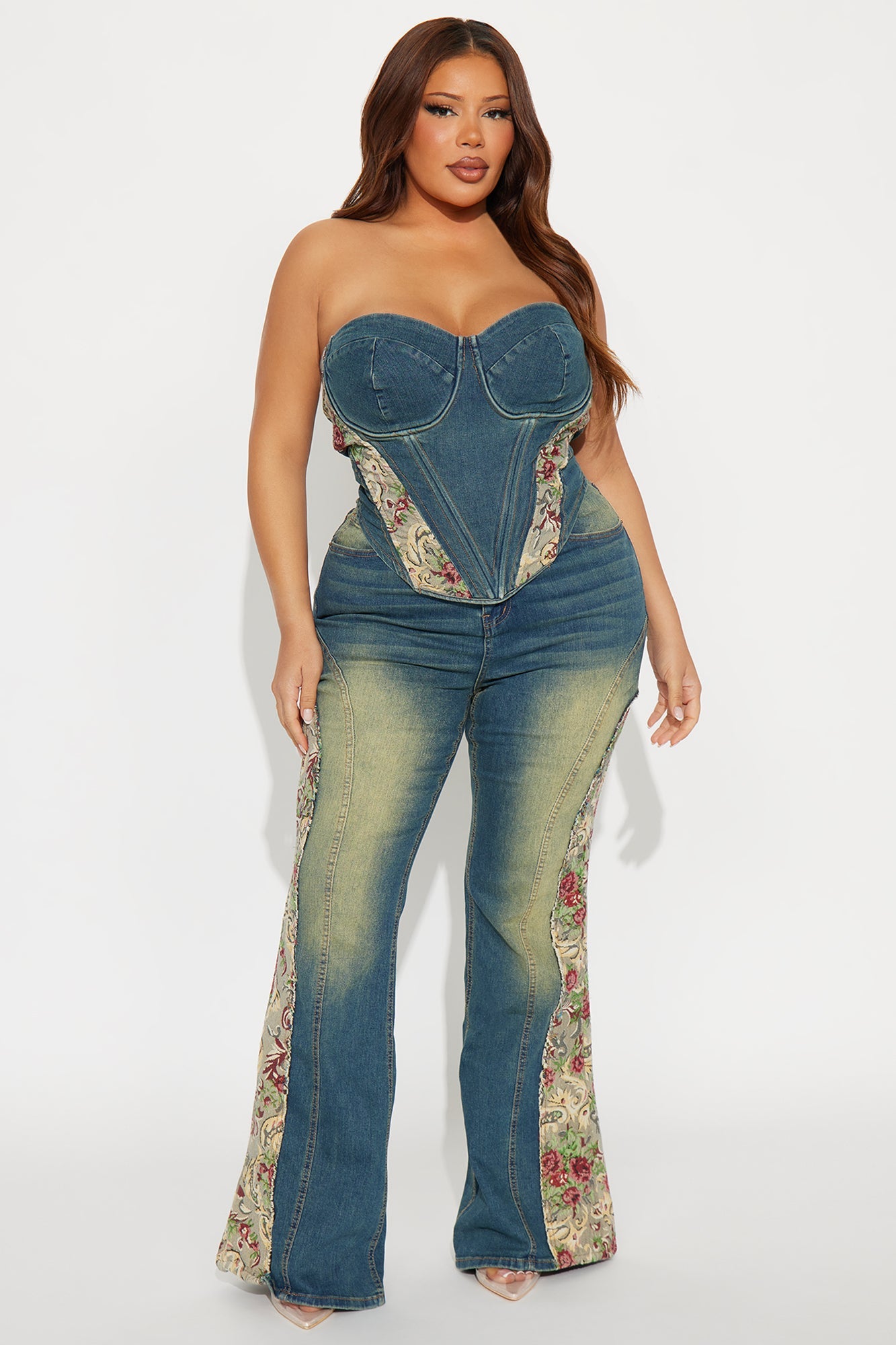 Amari Floral Denim Corset Top - Dark Wash