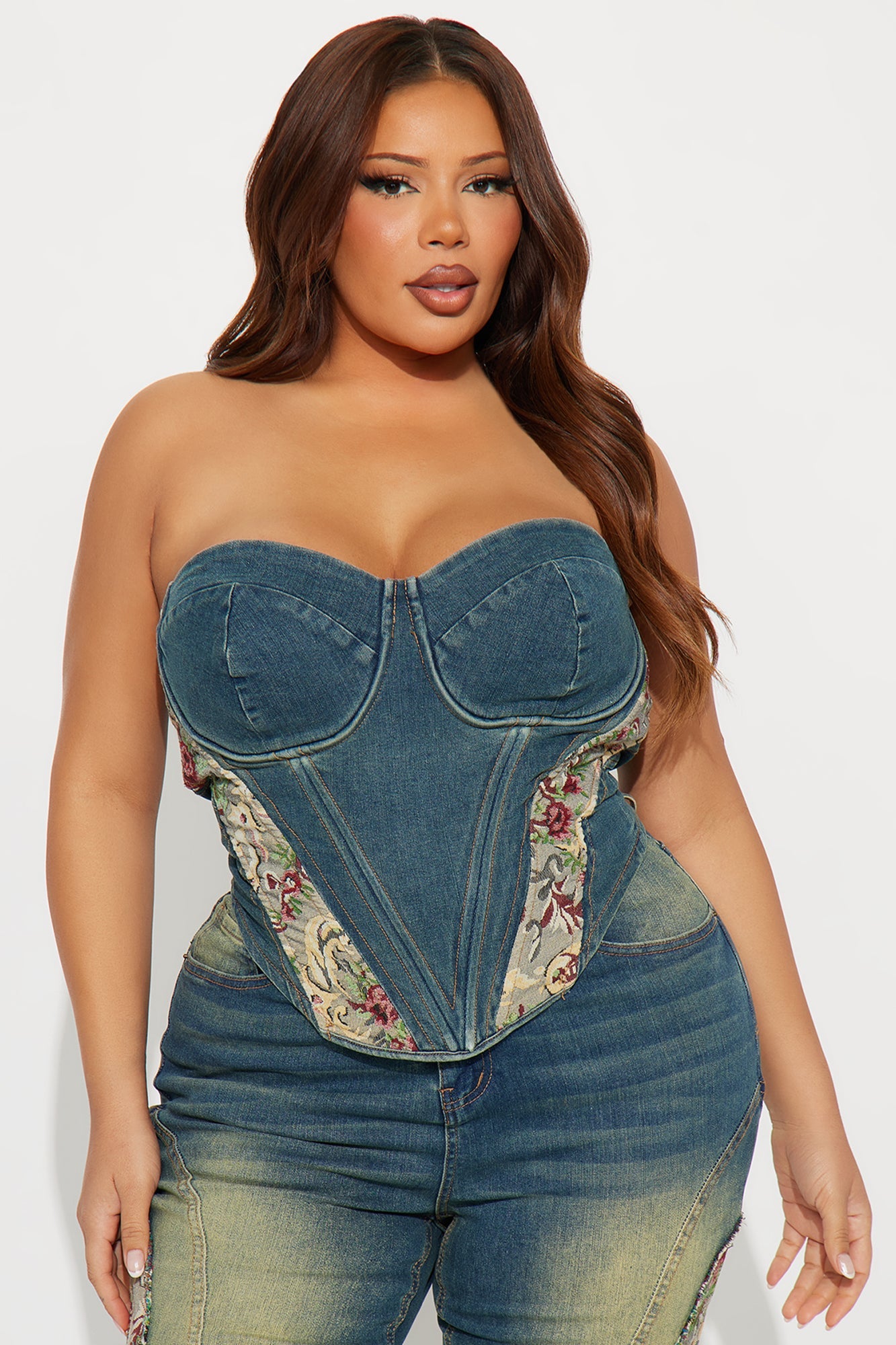 Amari Floral Denim Corset Top - Dark Wash