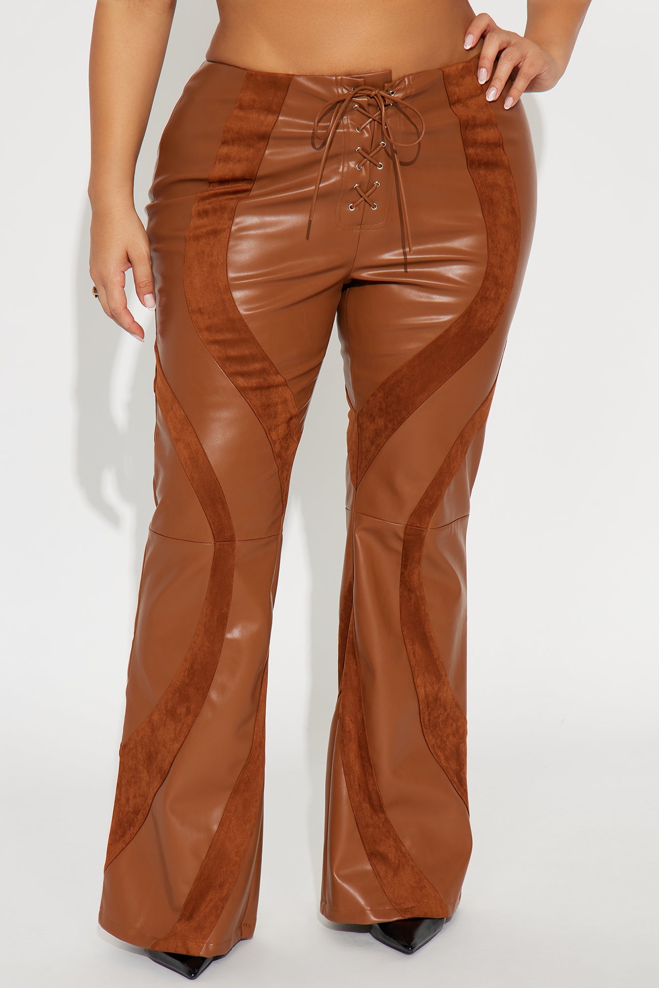 Cause A Riot Faux Leather Flare Pant 32″ - Brown