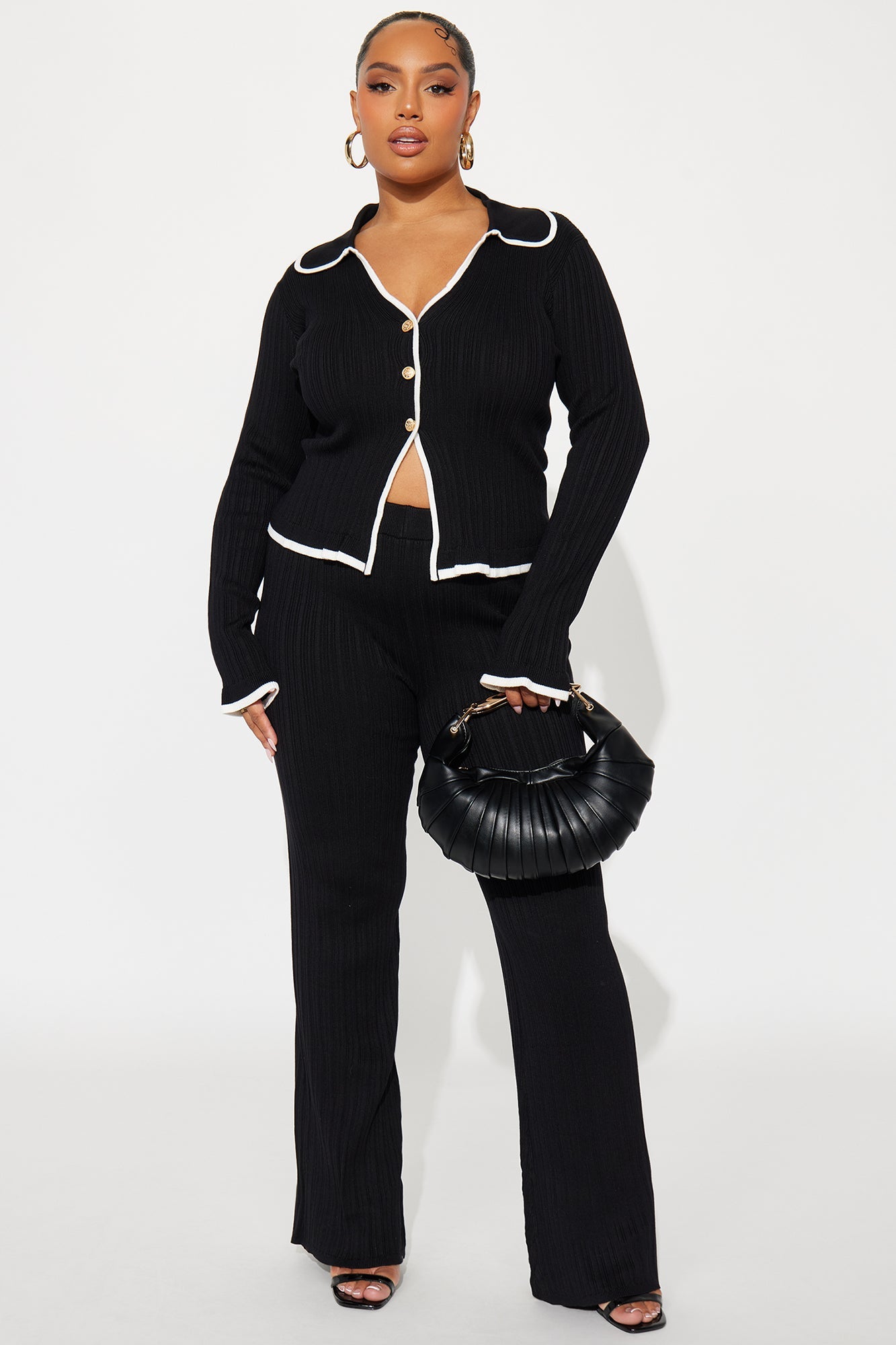 Macy Sweater Knit Flare Pant Set - Black