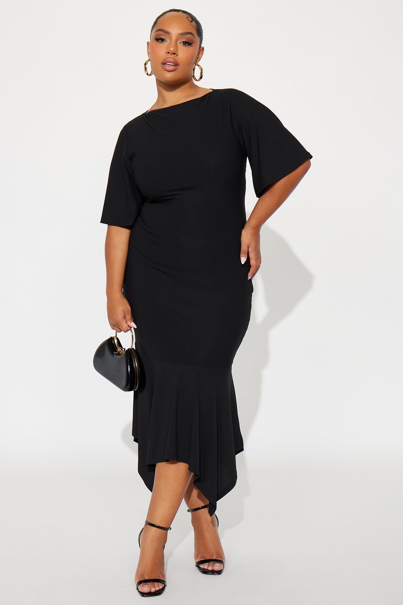 Audrina Asymmetrical Mermaid Midi Dress - Black