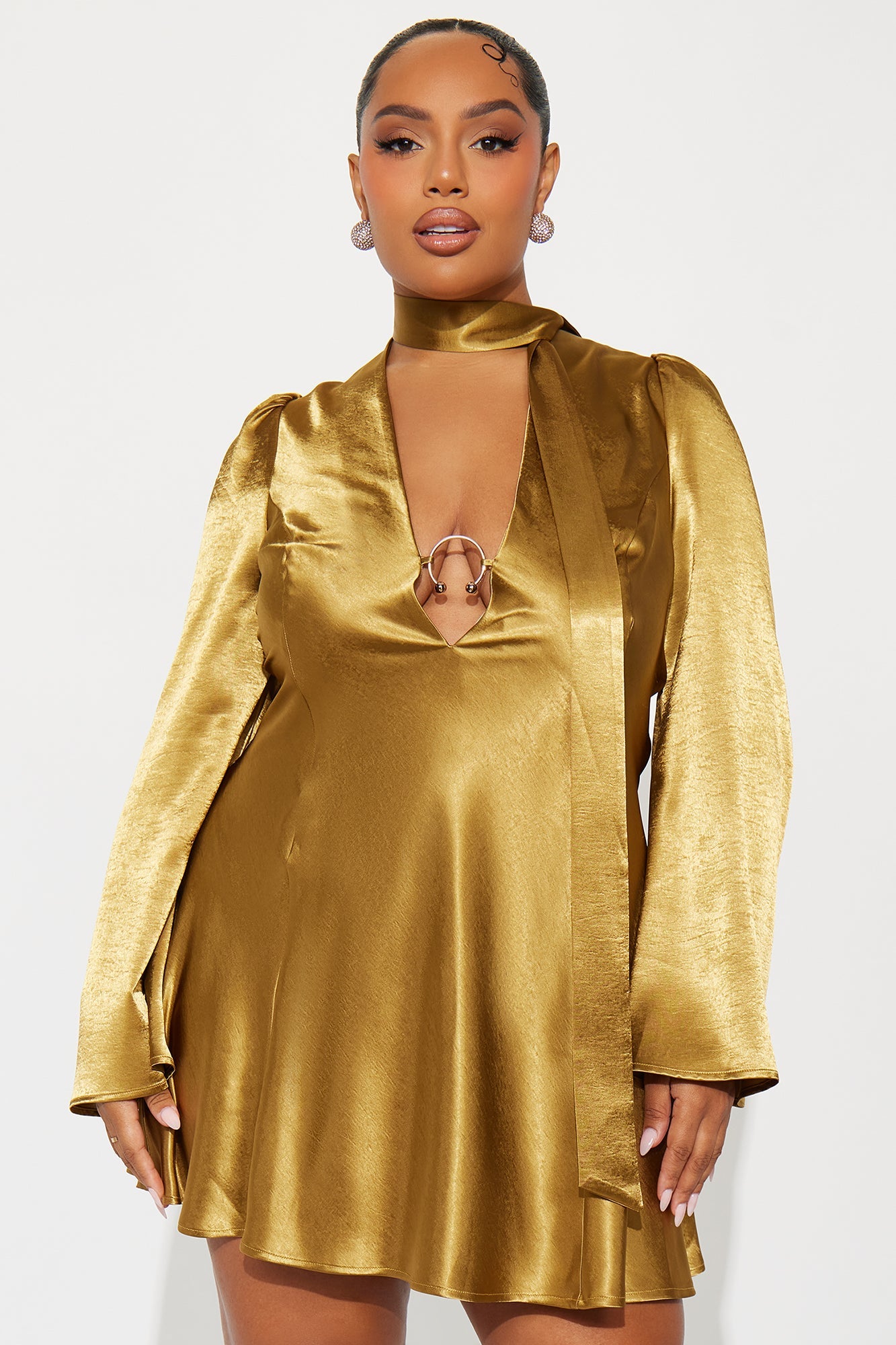 Jasmine Bell Sleeve Satin Mini Dress - Gold