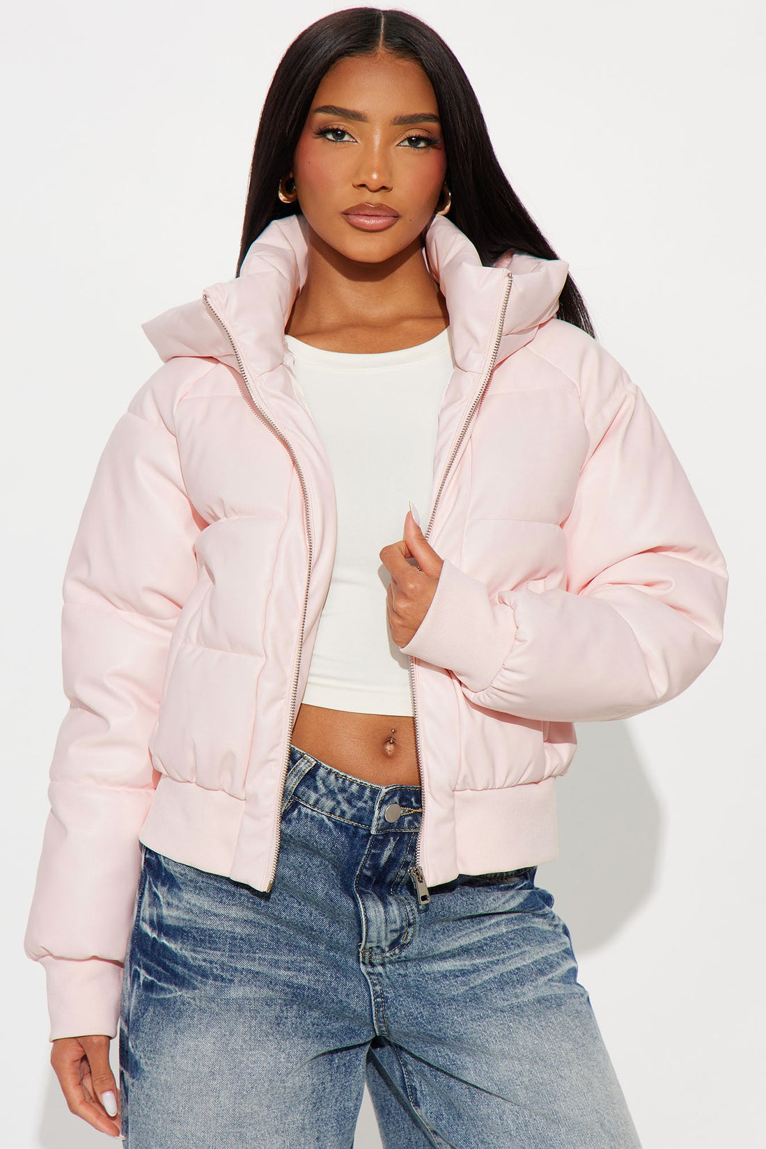 Angella Hooded Faux Leather Puffer - Pink