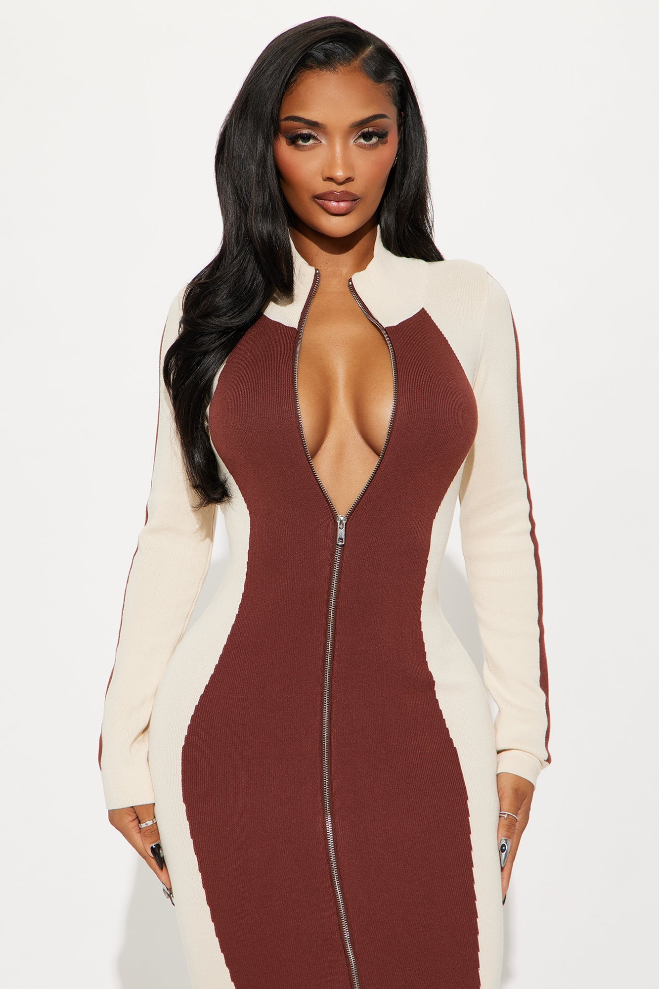 Coffee And Cream Color Block Sweater Midi Dress - Chocolate/Combo