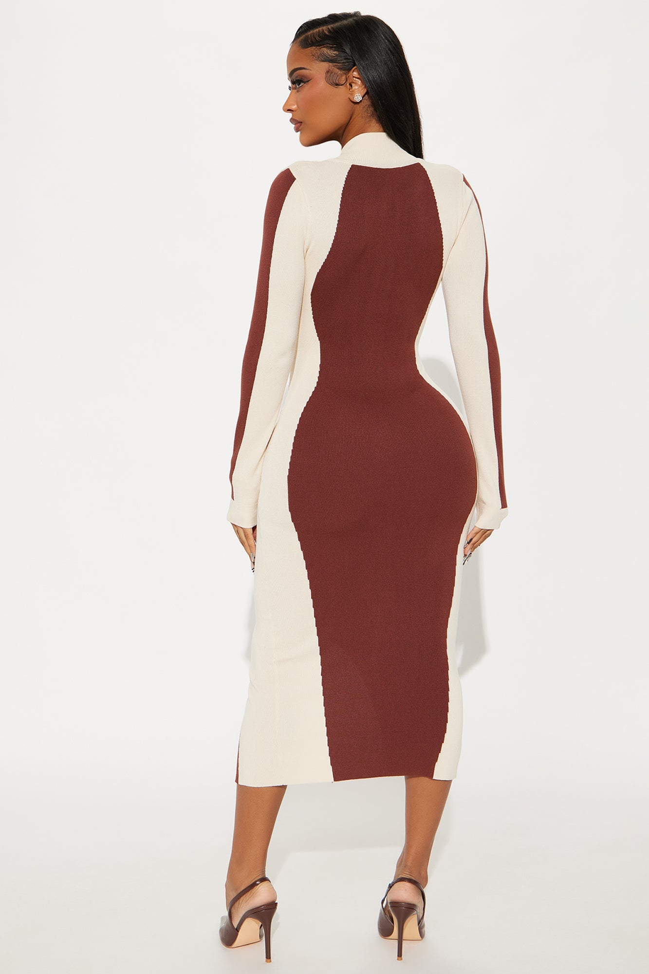 Coffee And Cream Color Block Sweater Midi Dress - Chocolate/Combo
