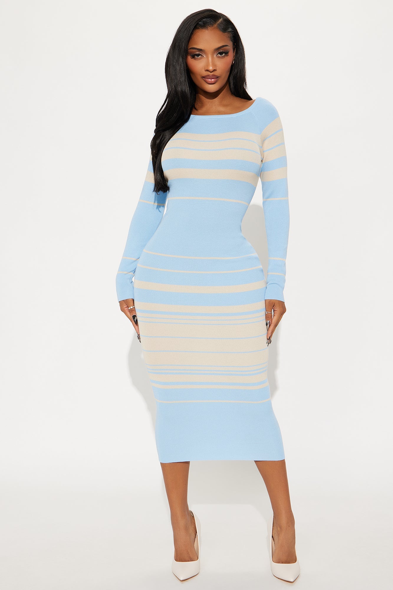Line Me Up Striped Sweater Midi Dress - Blue