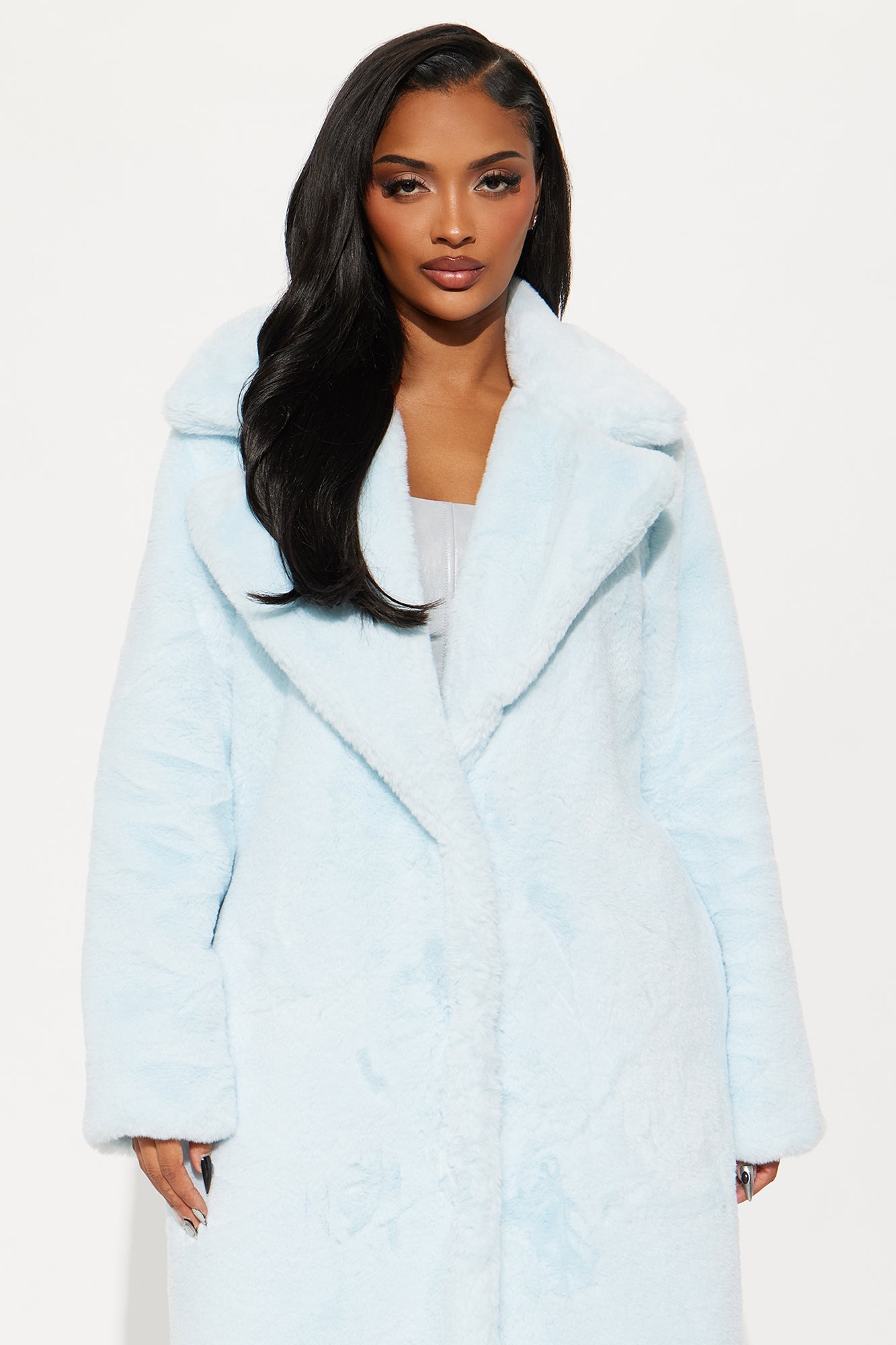Victoria Faux Fur Trench Coat - Ice Blue