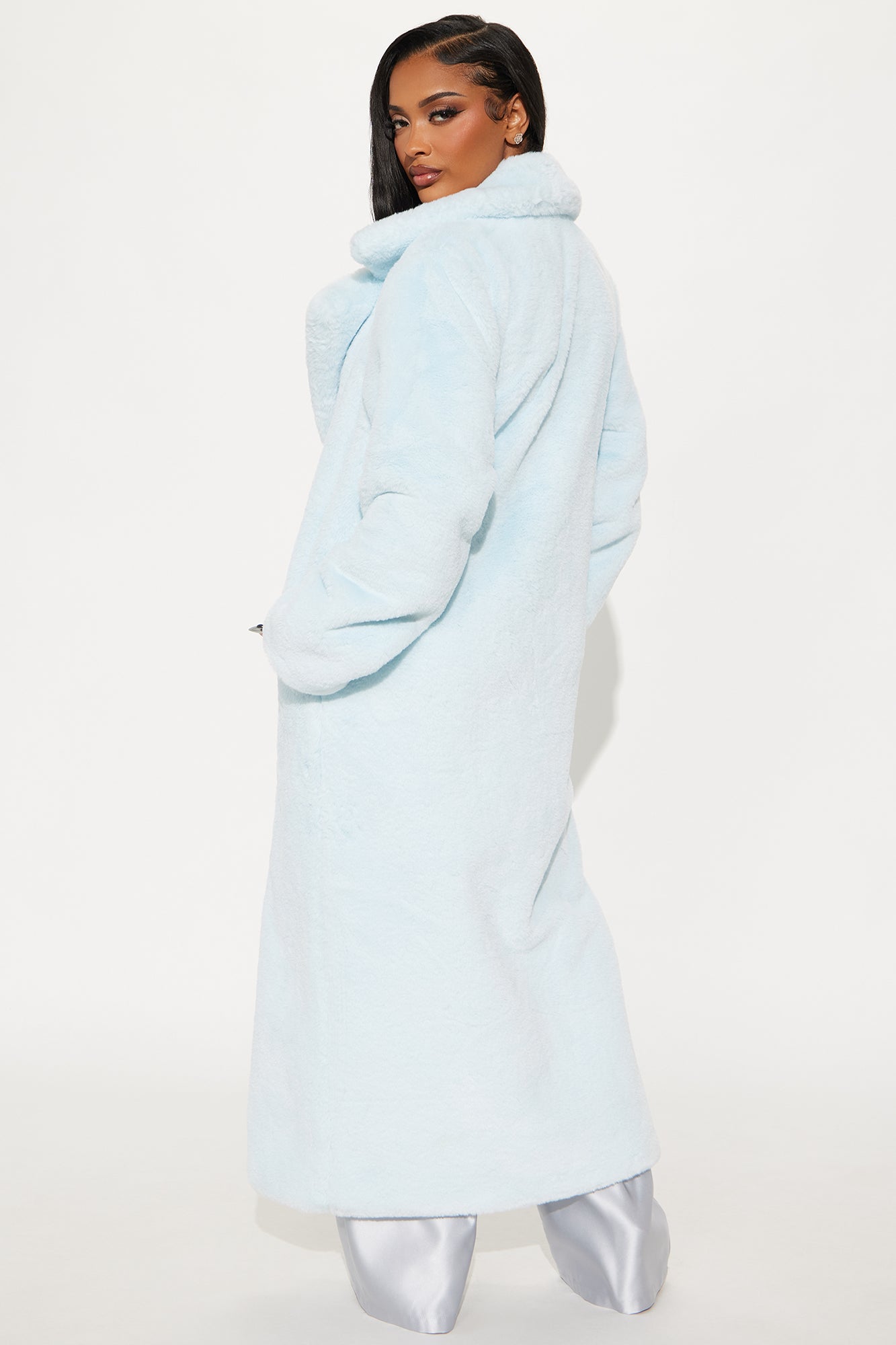 Victoria Faux Fur Trench Coat - Ice Blue