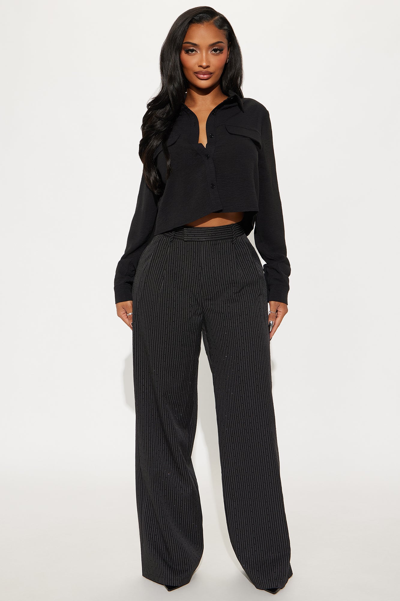 Office Glow Rhinestone Pinstripe Trouser Pant 32″ - Black