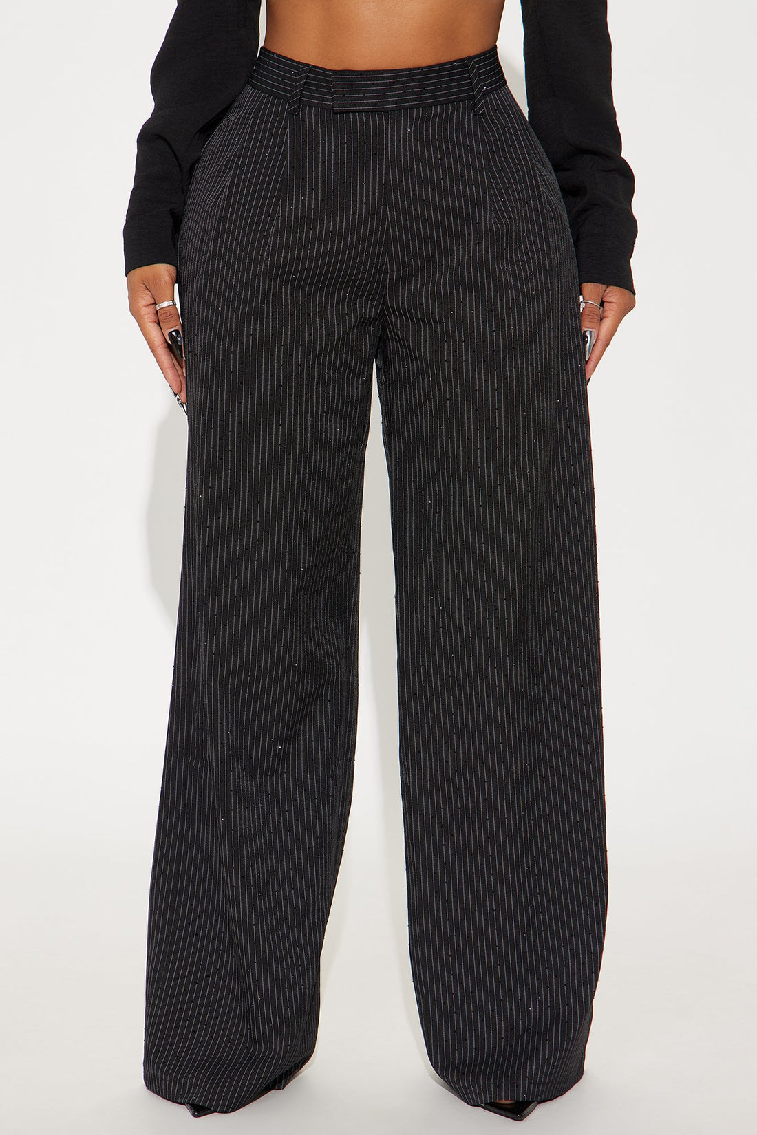 Office Glow Rhinestone Pinstripe Trouser Pant 32″ - Black