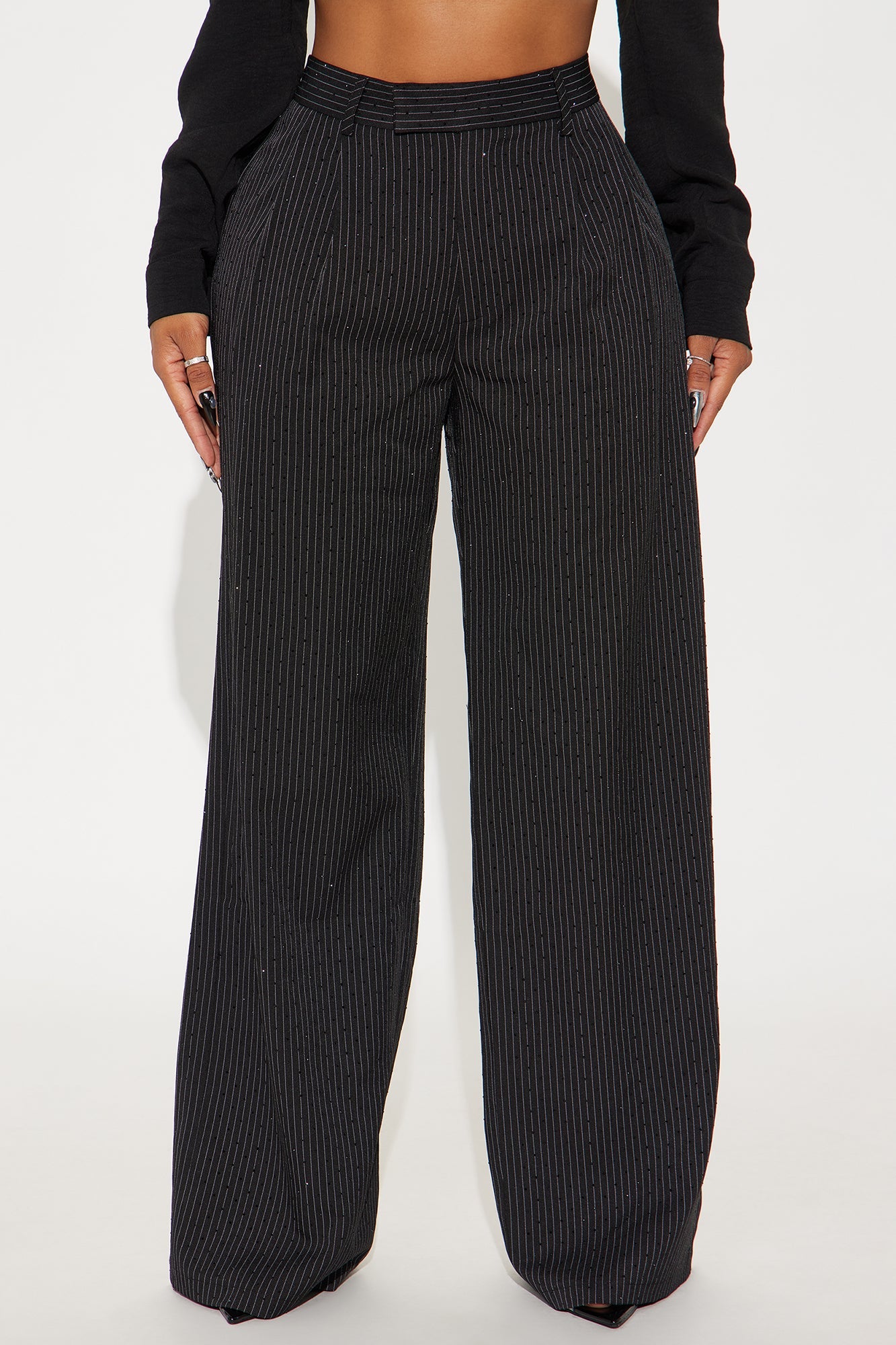 Office Glow Rhinestone Pinstripe Trouser Pant 32″ - Black