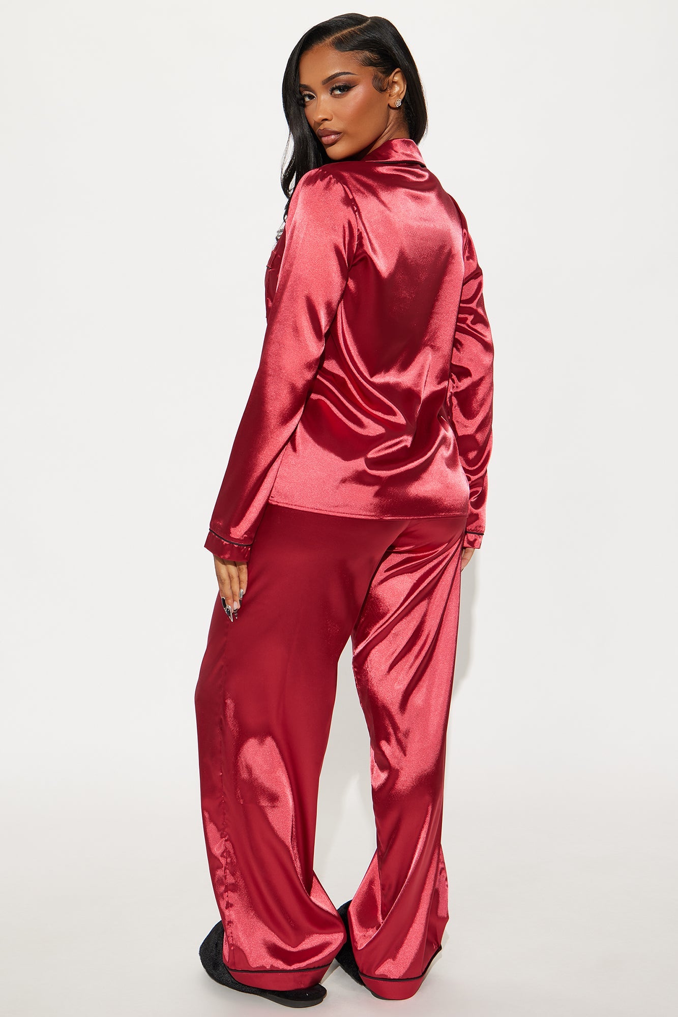 Bedtime Stretch Satin Long Sleeve PJ Pant Set - DarkRed