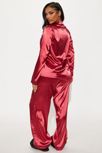 Bedtime Stretch Satin Long Sleeve PJ Pant Set - DarkRed